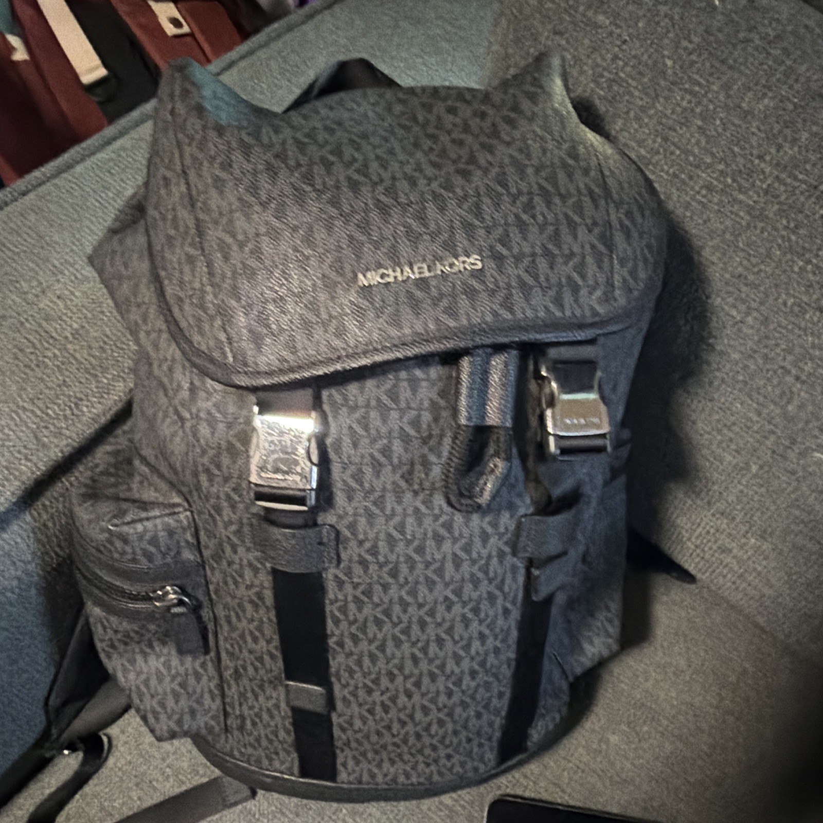 Michael Kors Logo Print Backpack Black/Gray Medium Buckle Detachable Strap