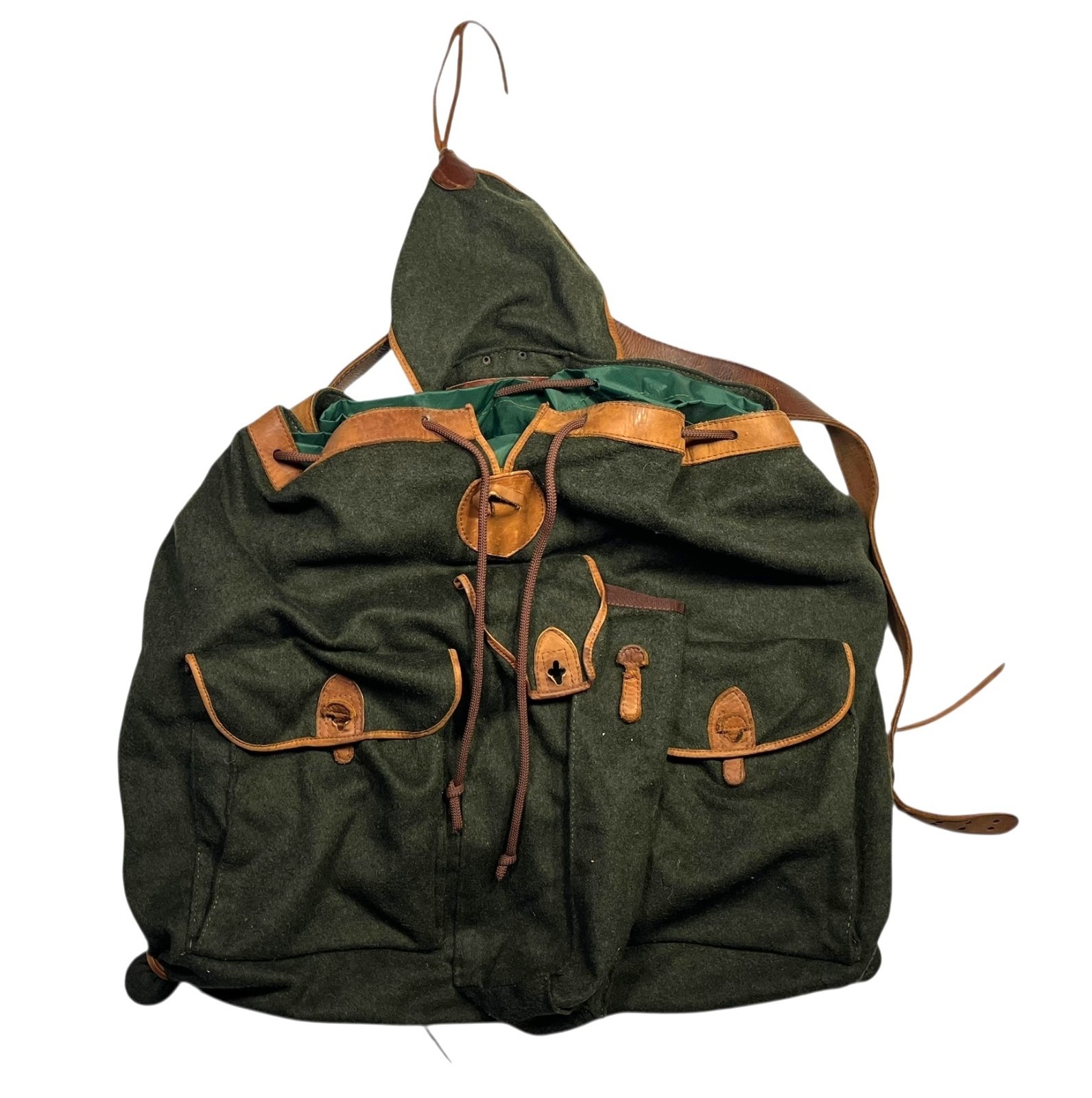 Vtg UNBRANDED Green/Brown BEAUTIFUL WOOL/LEATHER BACKPACK Travel Hike Gear Bag
