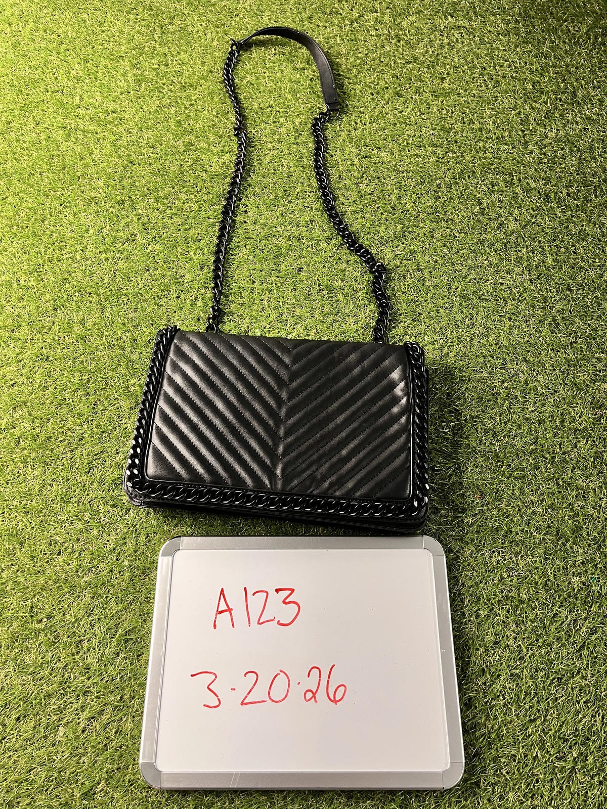 Aldo Black Quilted Chain Shoulder Bag Metal Moto Industrial Metallic
