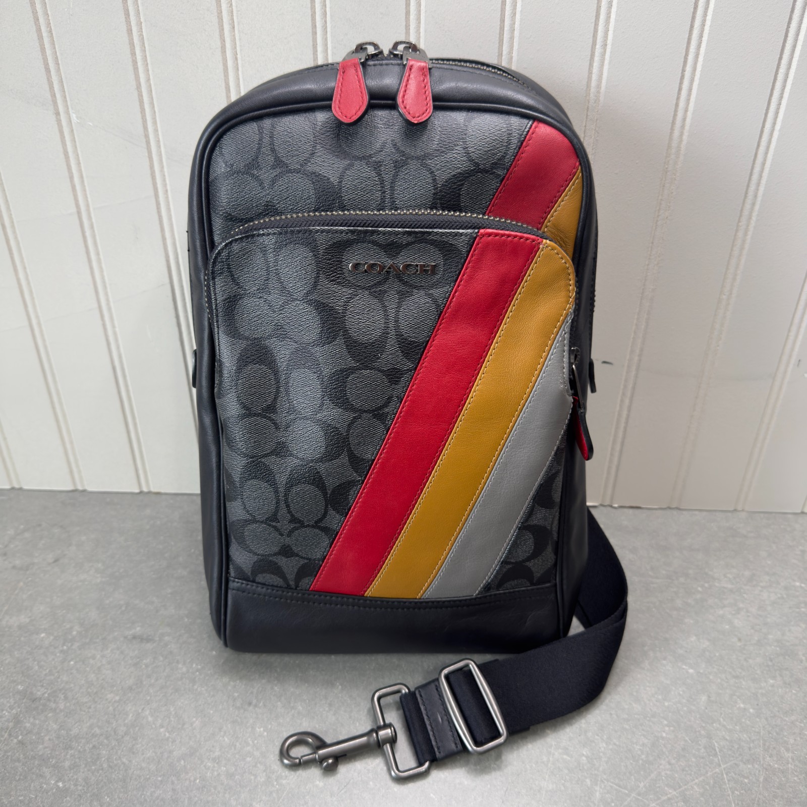 Coach West Sling Backpack (Style No. C1362)-Black w/Coach Stripes EUC