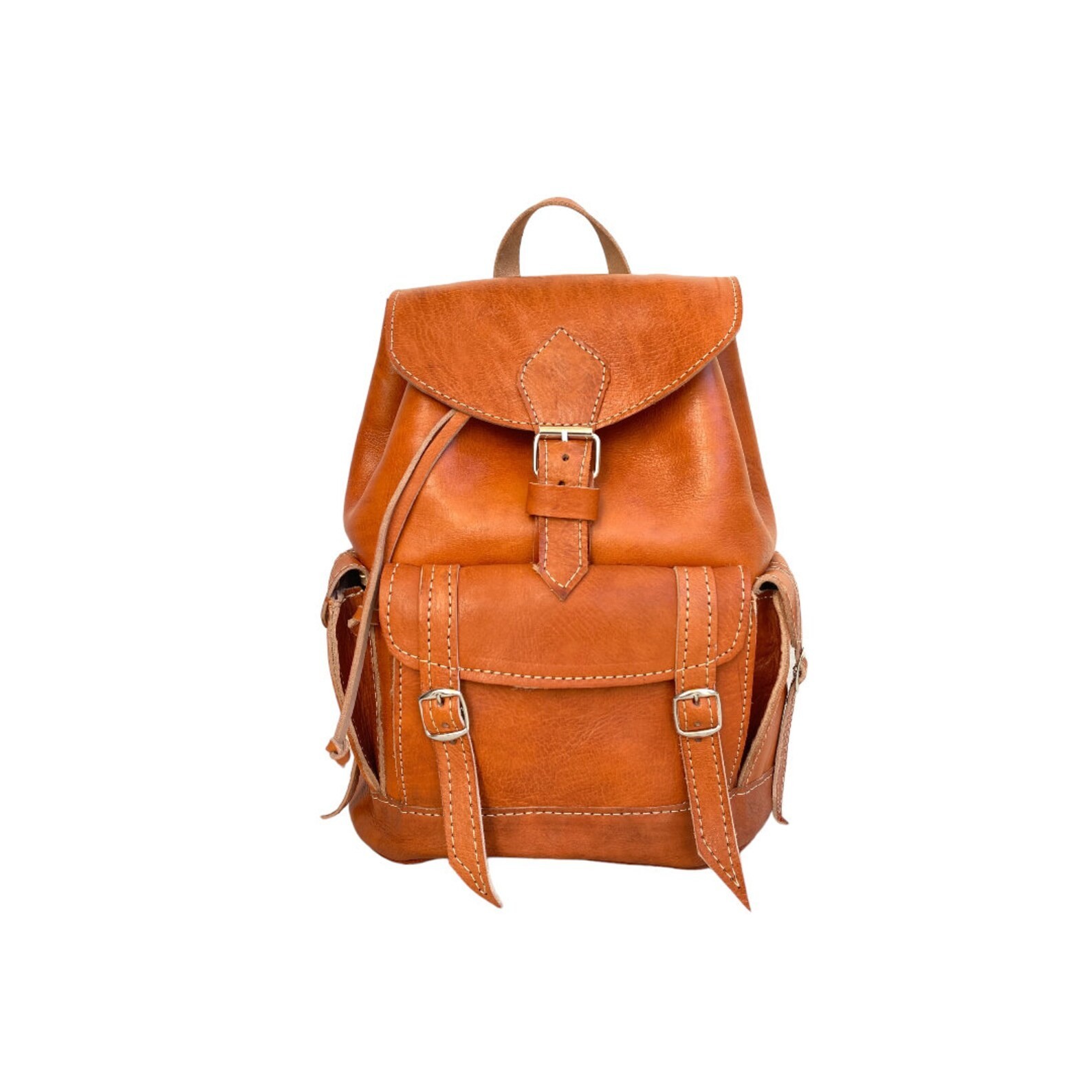 Cognac Leather Backpack Handmade Morocco 2 Pockets Genuine Leather Bag