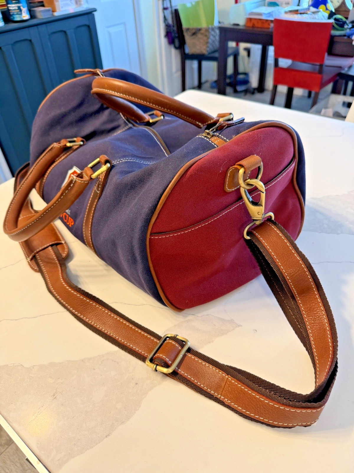 F. H. Wadsworth NYC Canvas/Leather trim Duffel, Classic Navy/Burgundy, EUC