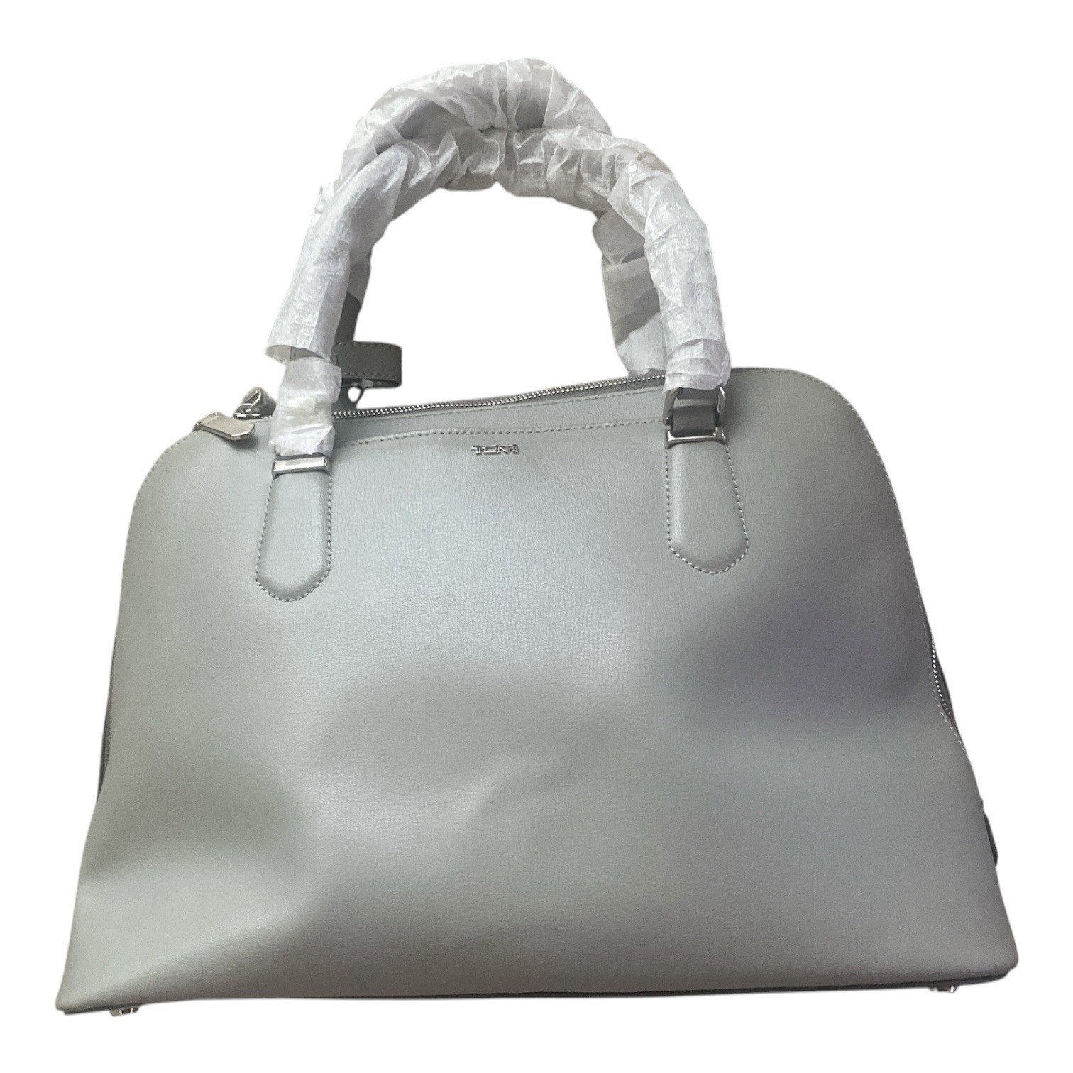 TUMI Light Grey 100% Leather Travel Laptop Tote/ Shoulder Strap MedSize NWT $700