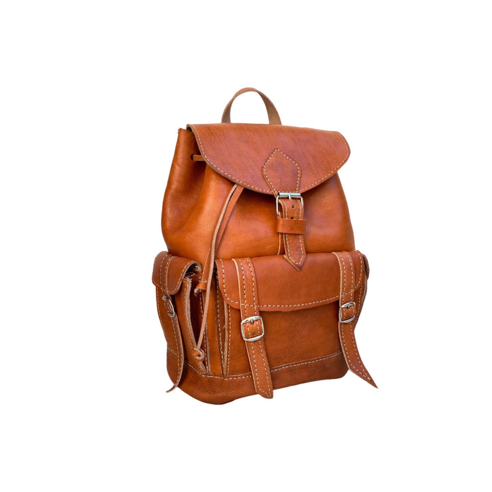 Cognac Leather Backpack Handmade Morocco 2 Pockets Genuine Leather Bag
