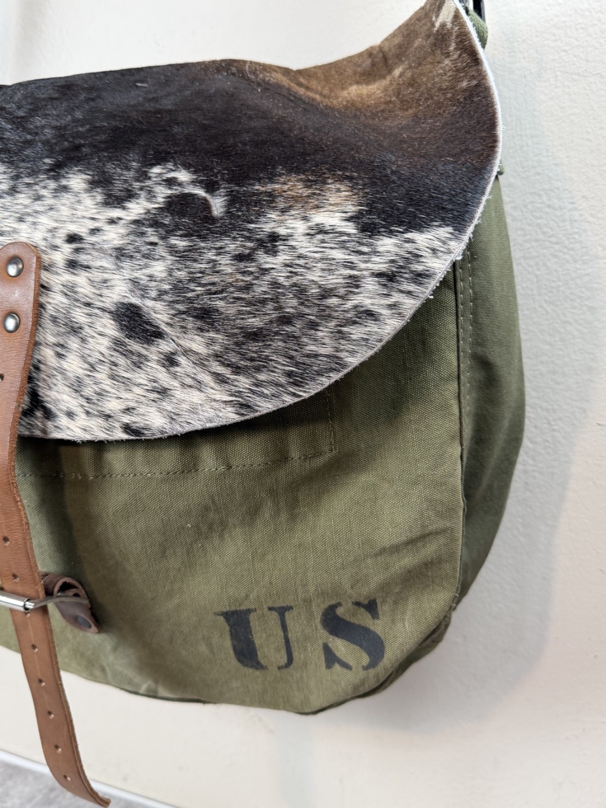 Vintage Army Military Newspaper Bag Upcycled Leather Hide Canvas 17×13 OOAK
