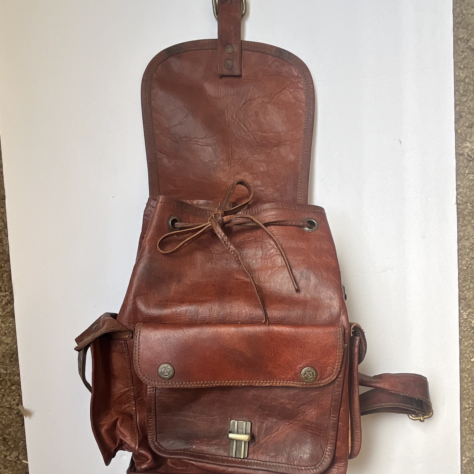 Men’s Brown Backpack Drawstring & Buckle Flap, Outer Pockets, Canvas Lined