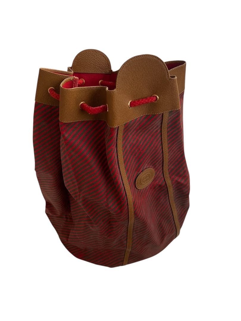 GUCCI Men’s Red Brown Striped Drawstring Shoulder Bag 30x55x24 cm Auth