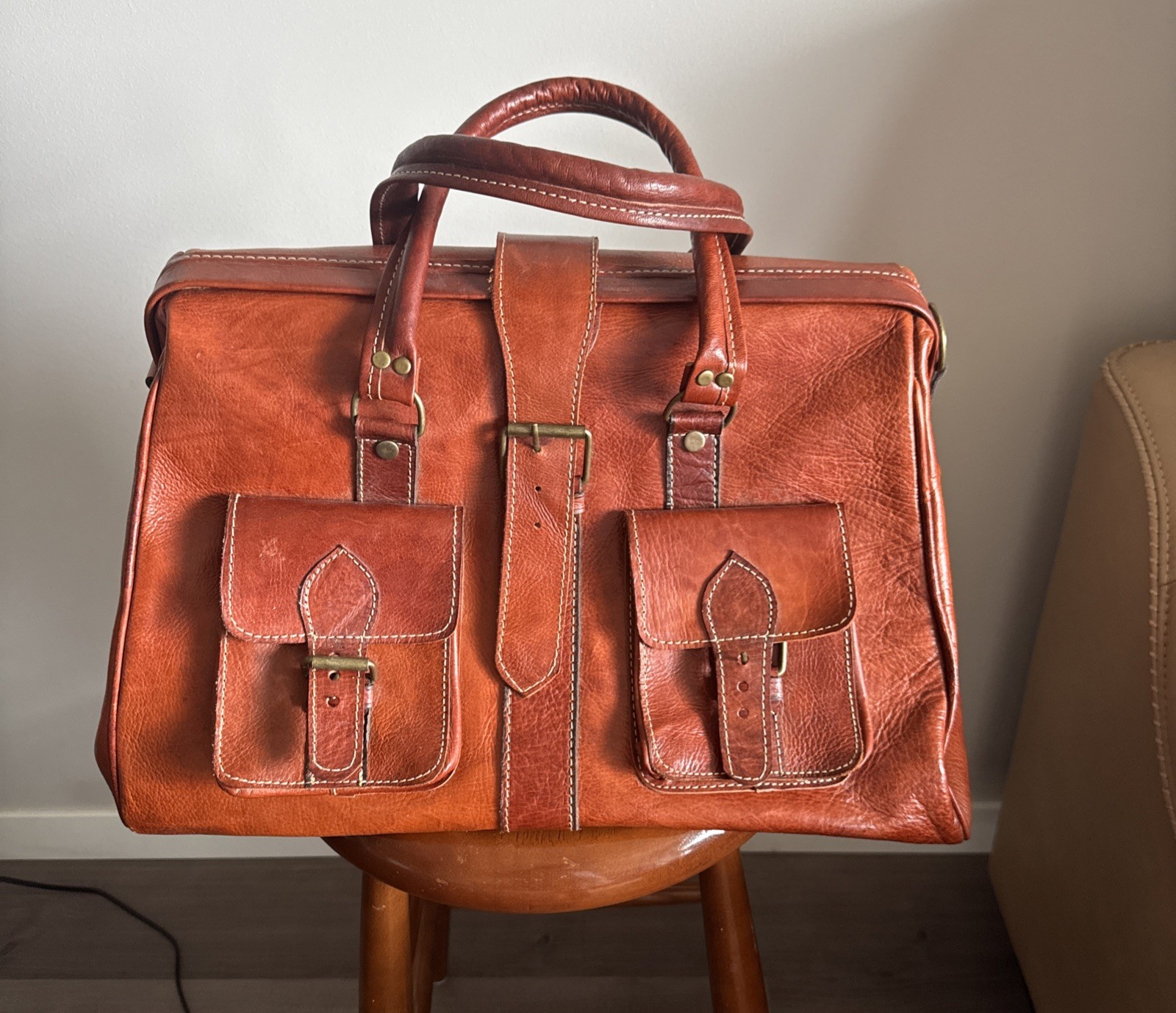 Duffle Weekender Brown Leather Travel Luggage Bag Vintage made In Morocco Sz XL