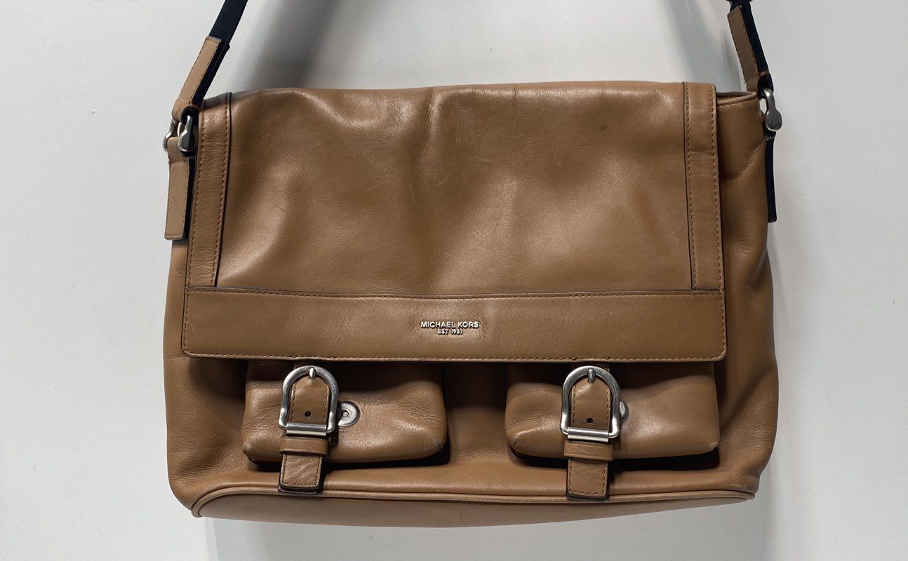 Michael Kors Tan Leather Messenger Bag Large Crossbody Silver Hardware