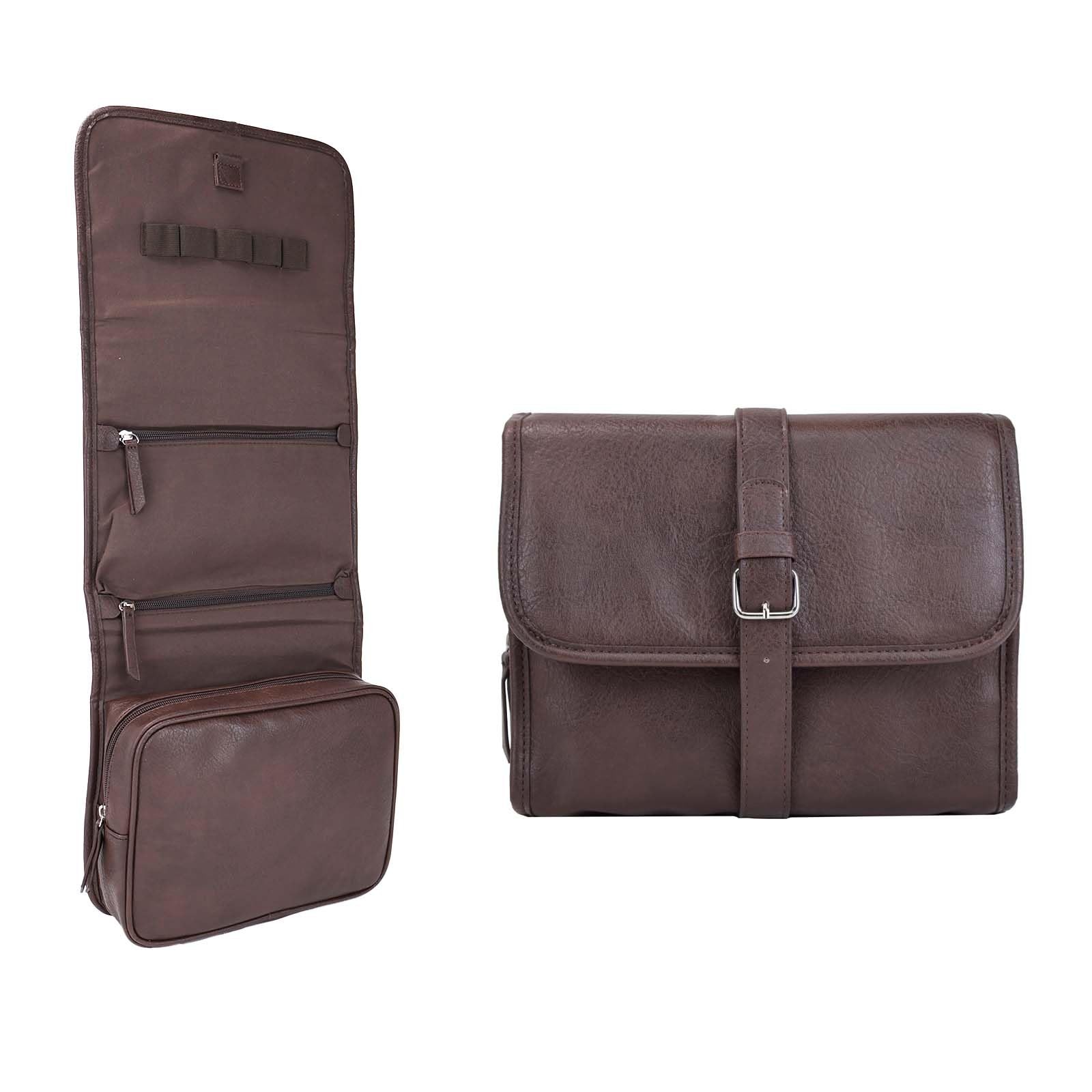 RCFJ b y K L A N D PU Leather Hanging Toiletry Bag for Men, Folding Brown