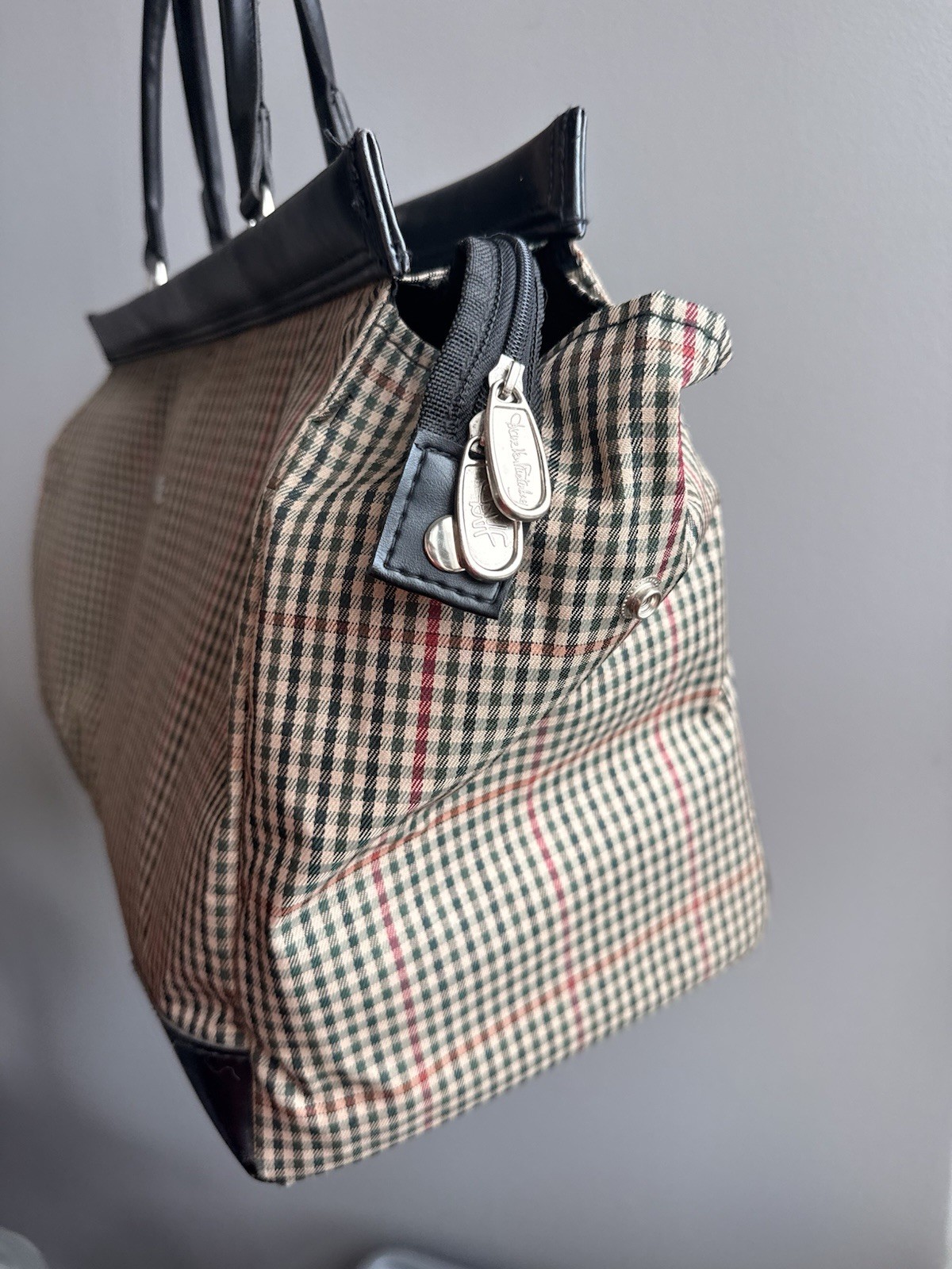 DVF Checkered Vintage Bag, Leather Handles, Zip, Black Beige Red Green