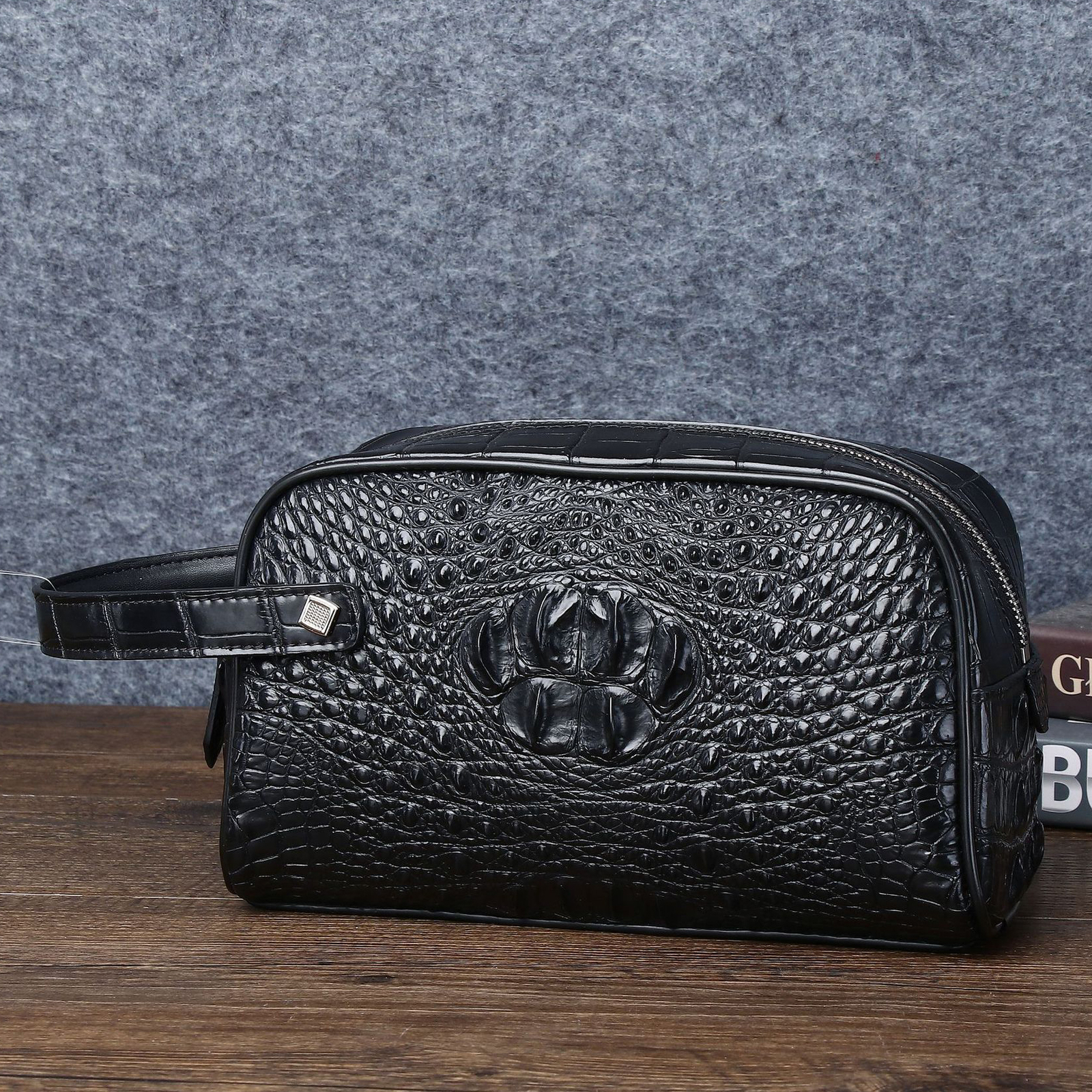 Top Cowhide Leather Men’s Clutch Bag Crocodile Pattern Zipper Handbag
