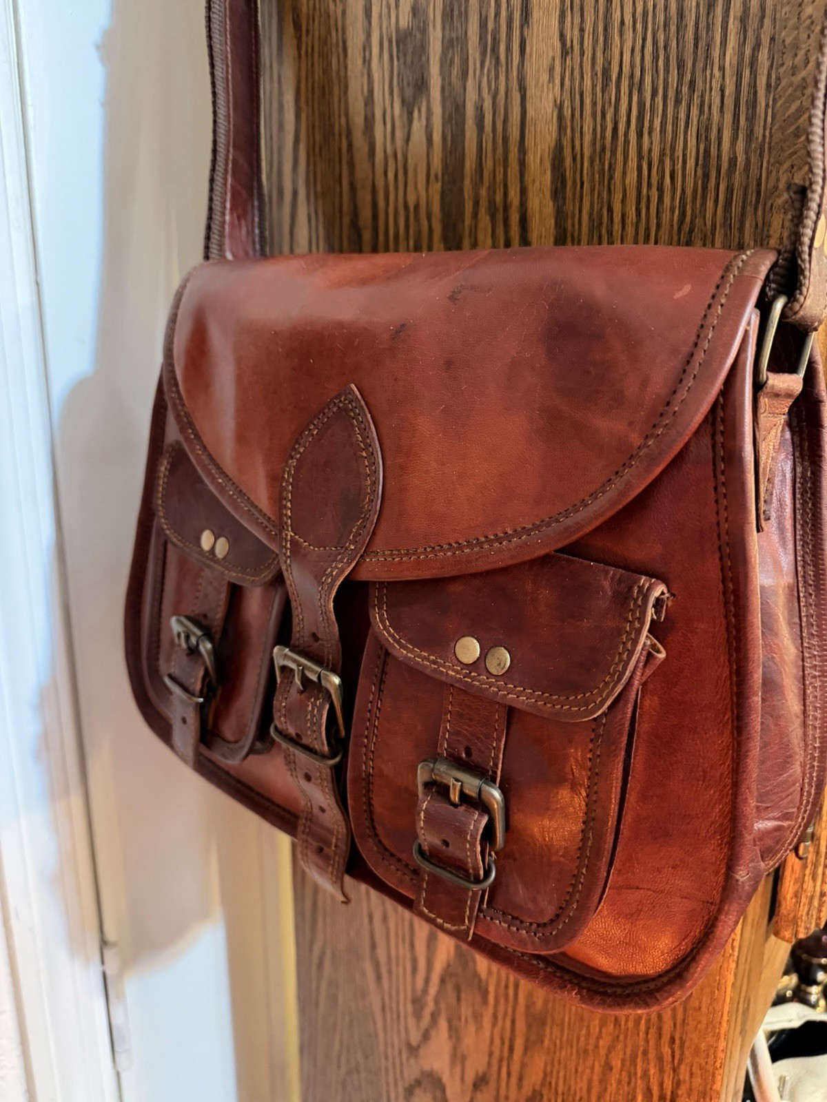 Brown Messenger Bag Buckle Closure Shoulder Strap Brass Hardware Men Casual