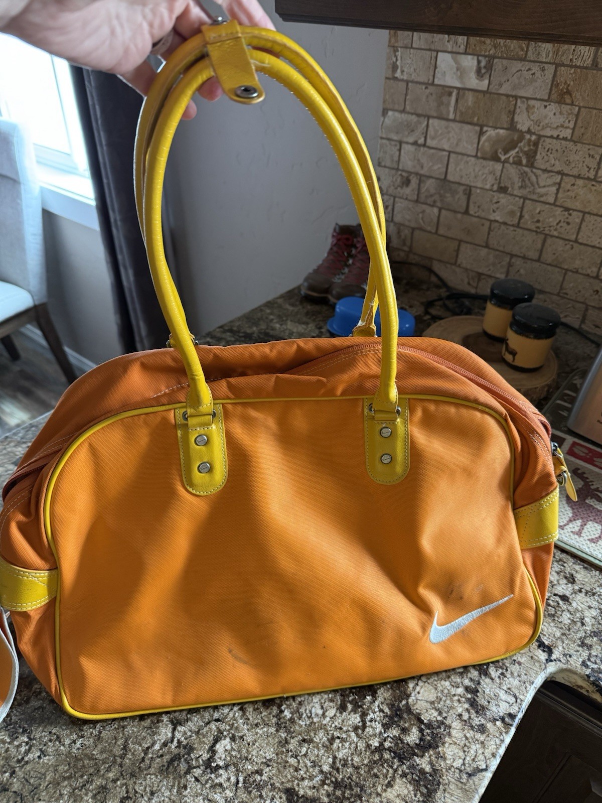 VTG Nike Bowler Style Gym Duffle Bag 80s 90s Embroidered Logo Orange Yellow