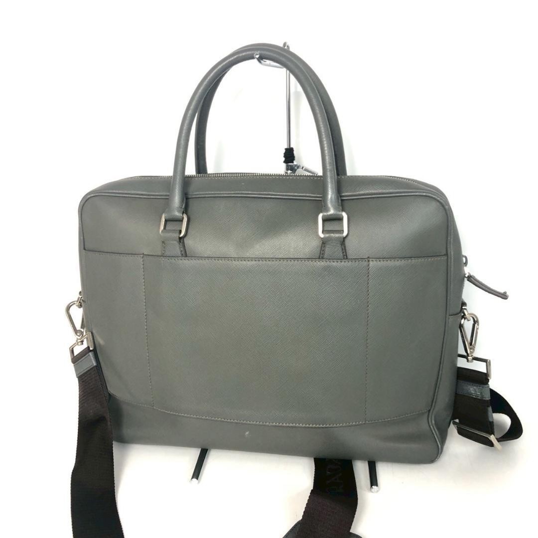 Prada Saffiano Briefcase Business Bag Leather Tote Messenger Shoulder Bag Gray