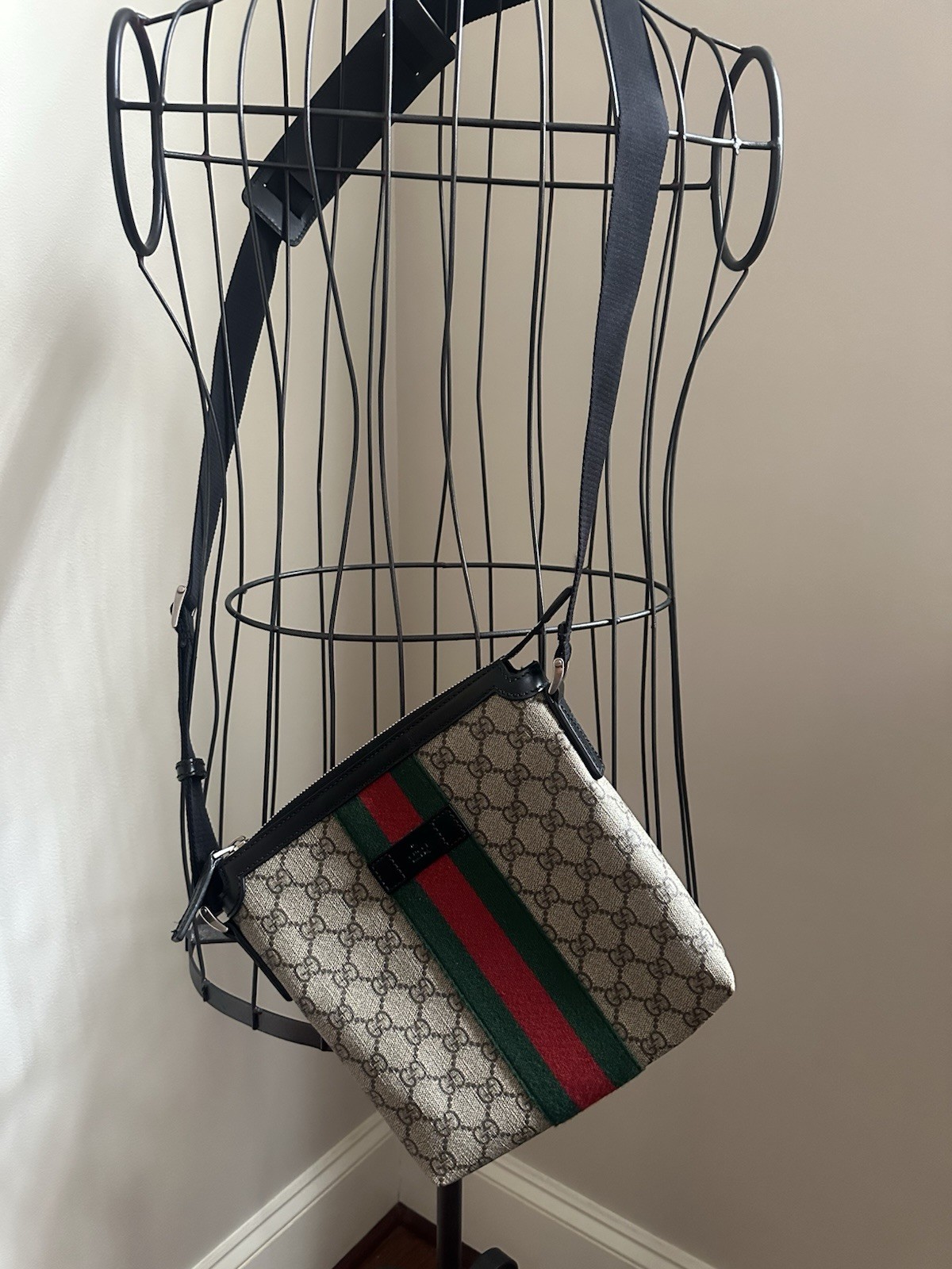 Gucci GG Monogram Beige Green Red Messenger Bag Men’s Adjustable Strap