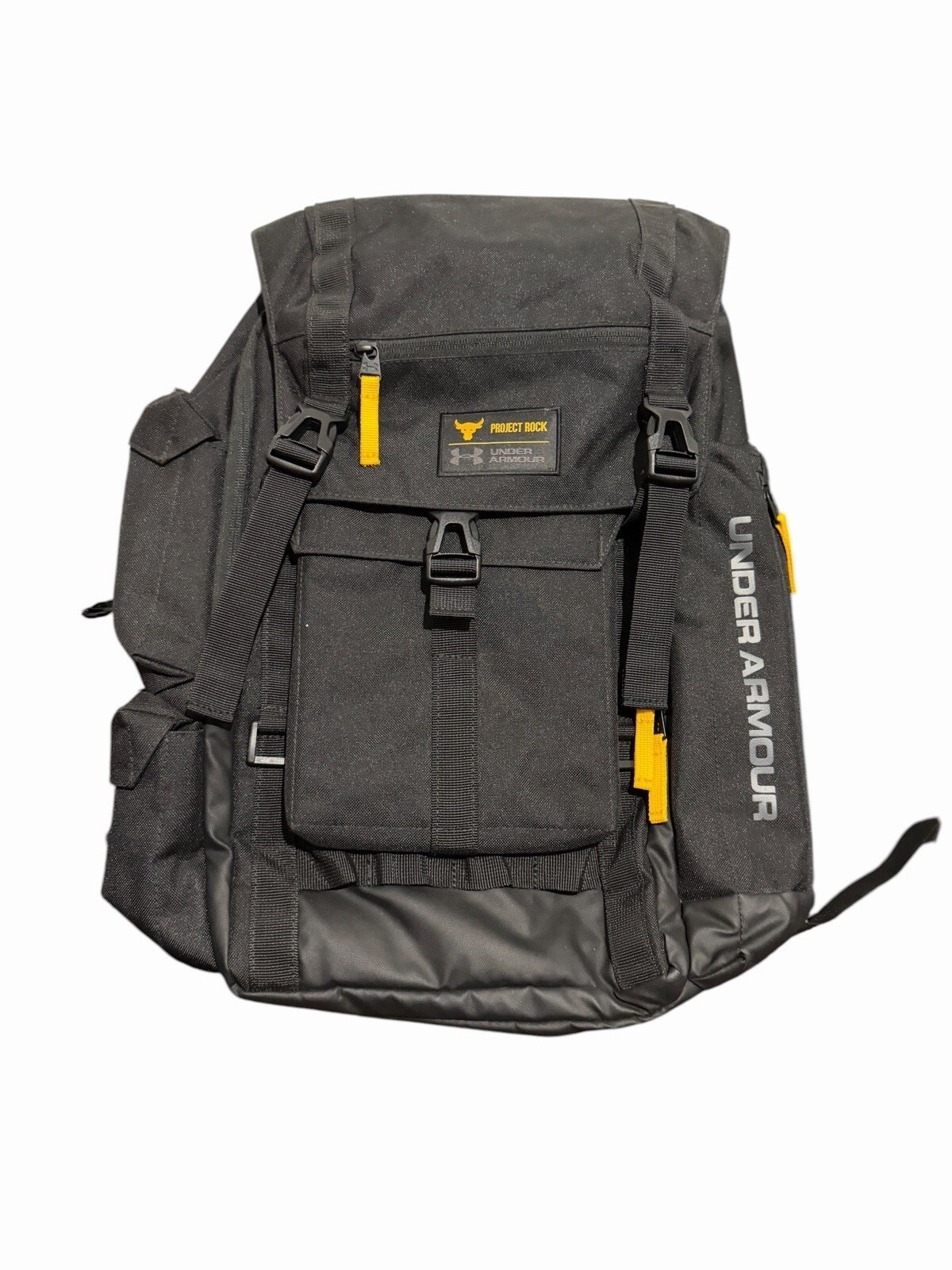 Under Armour Project Rock Backpack Black Gold Roll Top Gym Laptop Travel Bag