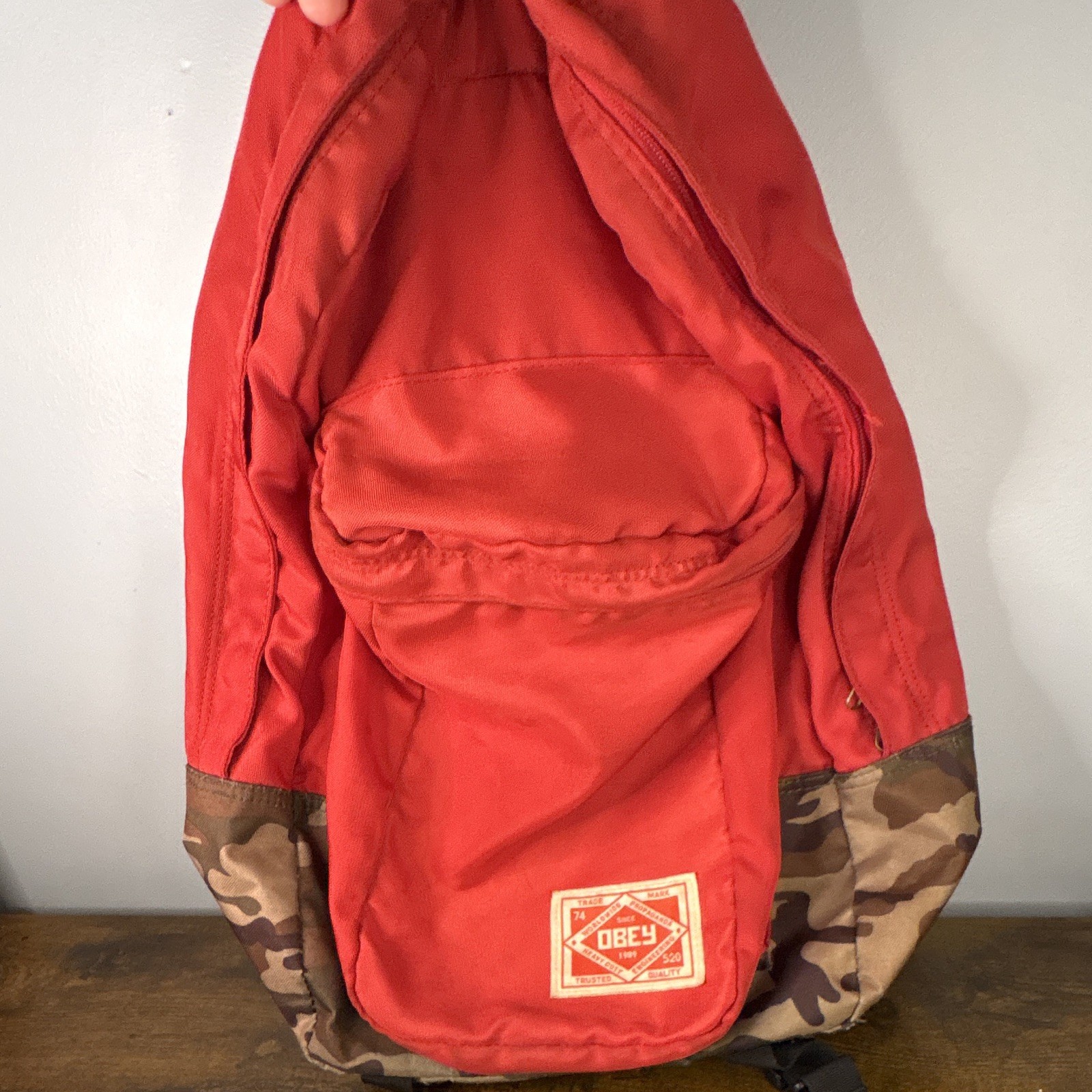 OBEY Red Backpack Camo Bottom, Zip/Buckle Closure, Pockets, Adjustable Strap
