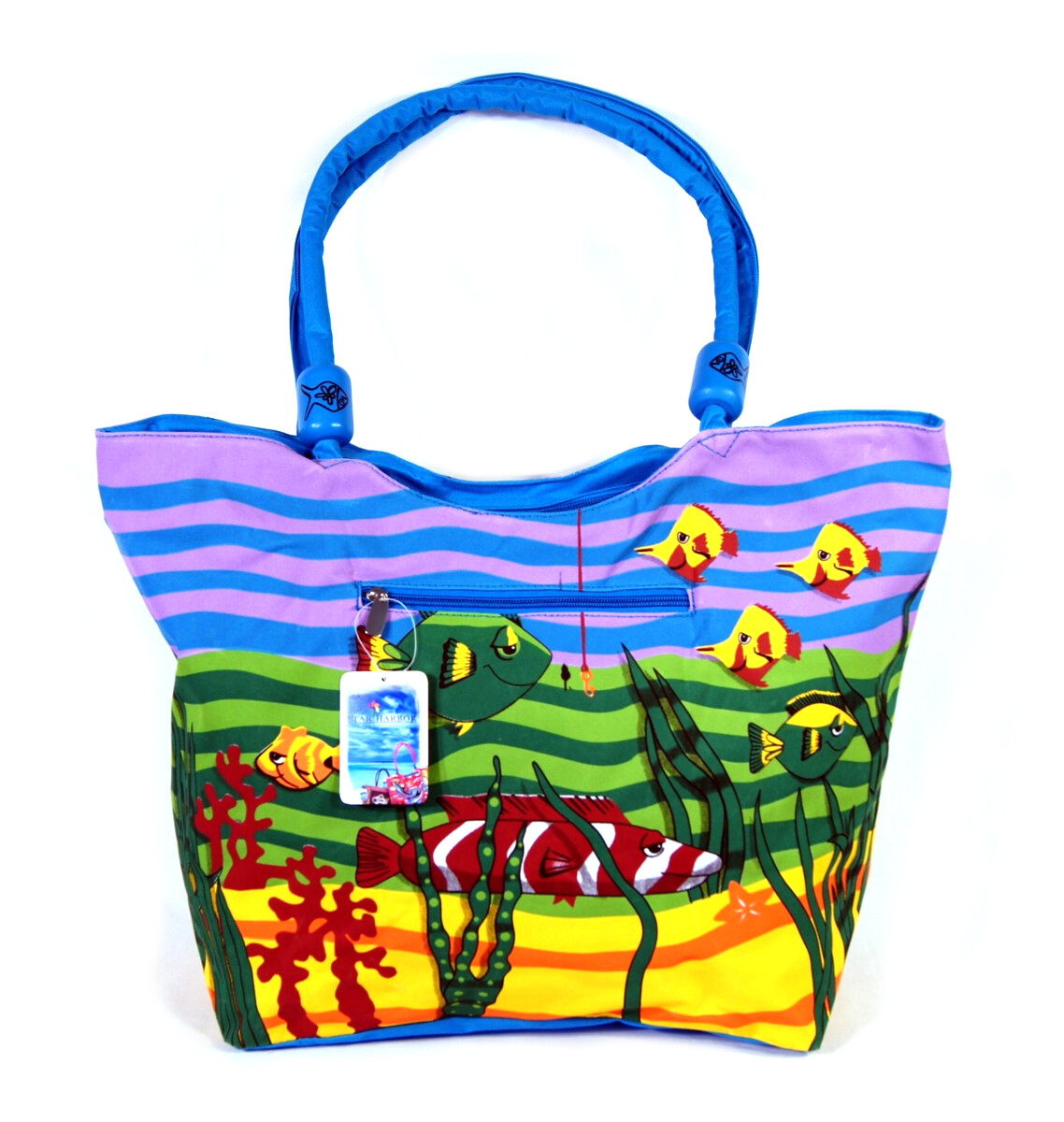 Tropical Fish Water Resistant Blue Canvas Beach Tote Bag Wood Balls 21X15x6″