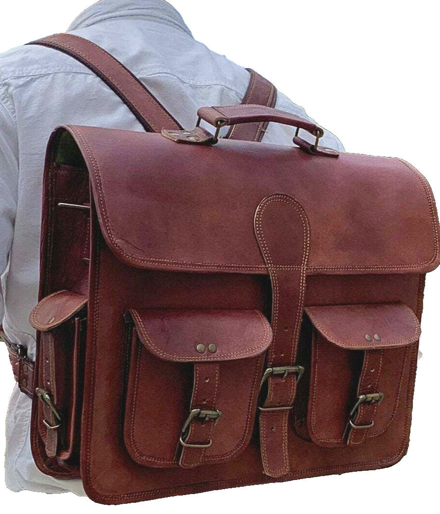 18″ Men Brown Leather Laptop Briefcase Shoulder Messenger Crossbody Backpack Bag