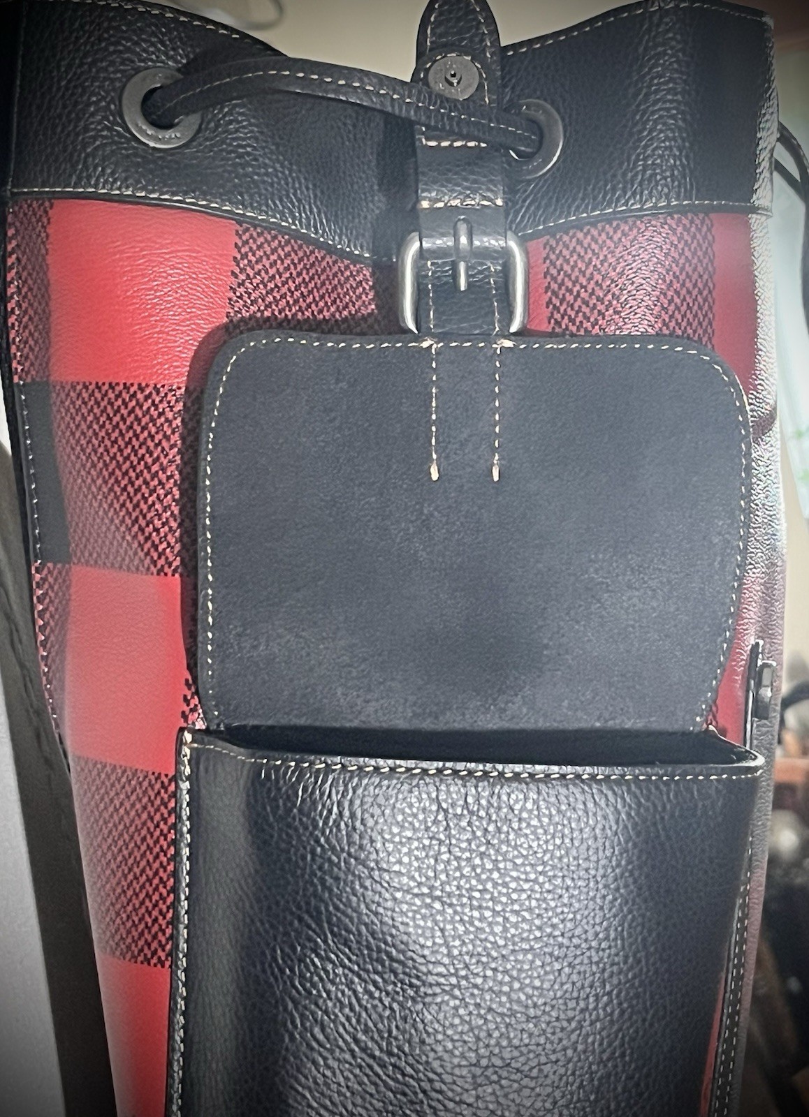 Coach C1240 Hudson Backpack Buffalo Plaid Red Black Leather Rucksack Laptop Bag