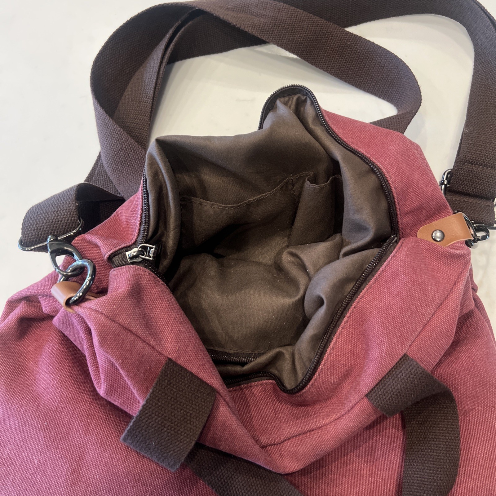 MYHOZEE Maroon Tote Bag Zip Adjustable Shoulder Strap Inner Pockets Men Casual