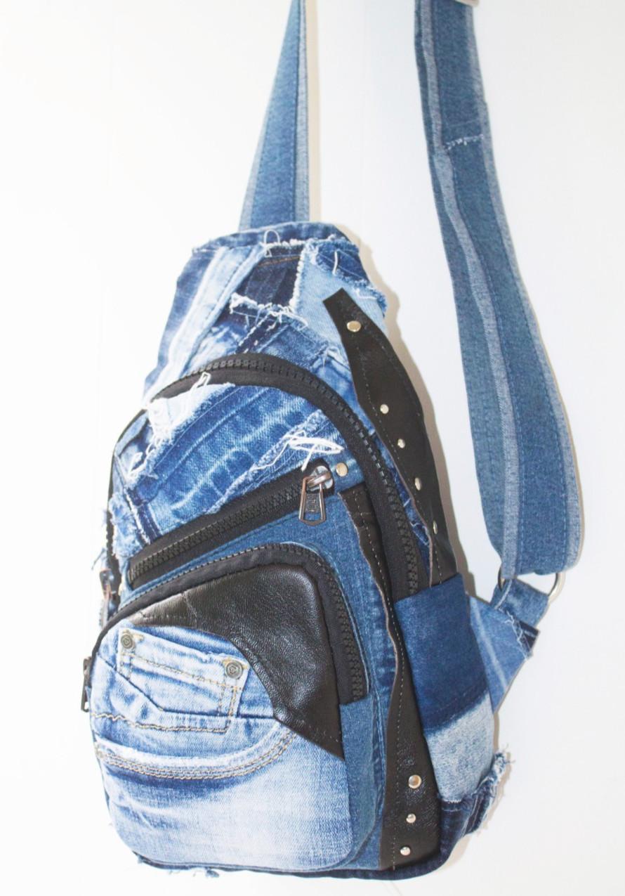 Denim single-strap chest backpack Upcycling Unisex sling bag