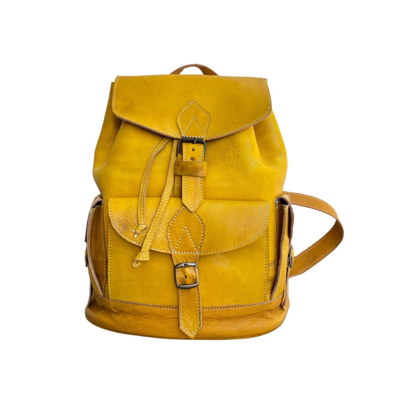 Yellow Leather Backpack Handmade Morocco Belt Buckle Front Back Pocket