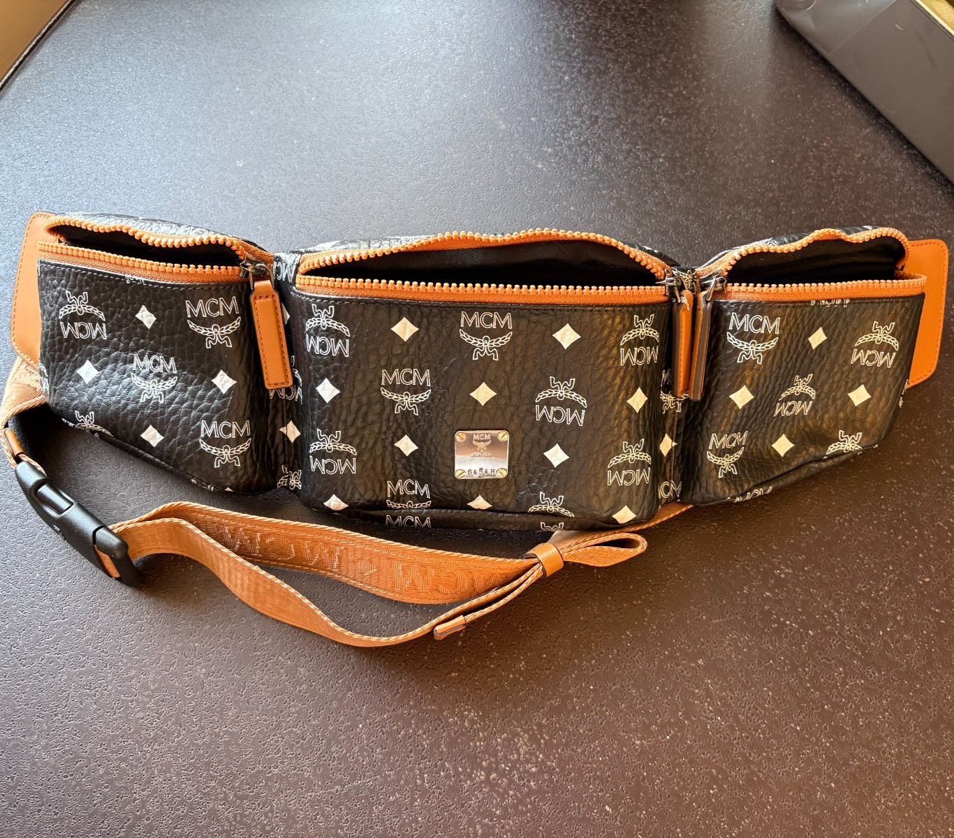 MCM Visetos 3 Pocket Belt Bag Black Cognac Sling Waist Pack Crossbody