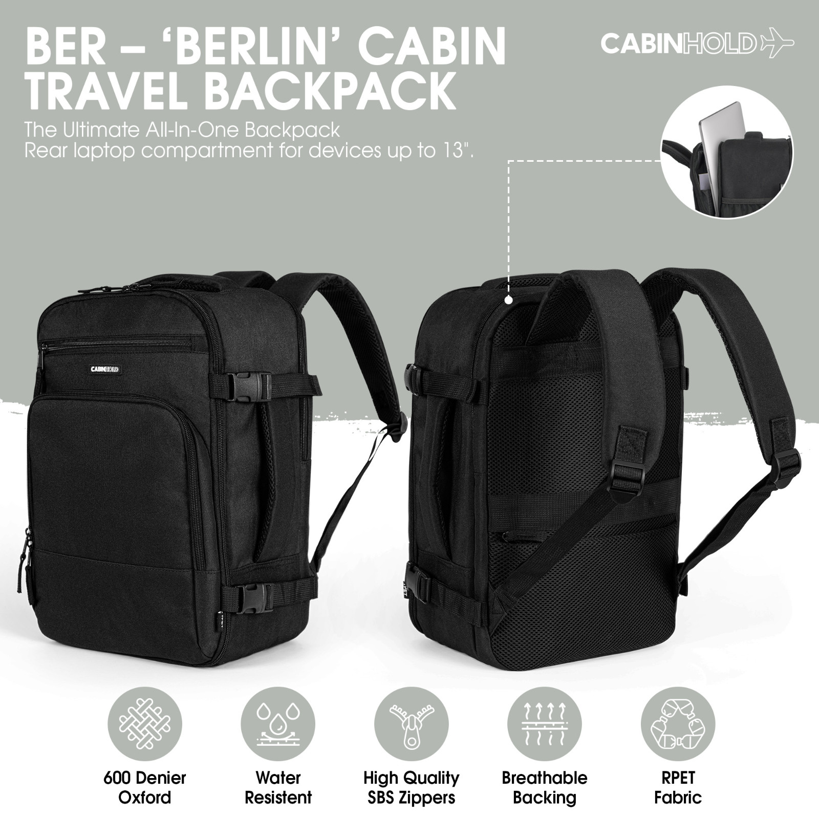 Ryanair Backpack 40x25x20cm CABINHOLD® Berlin Carry-on Wizzair Hand Luggage