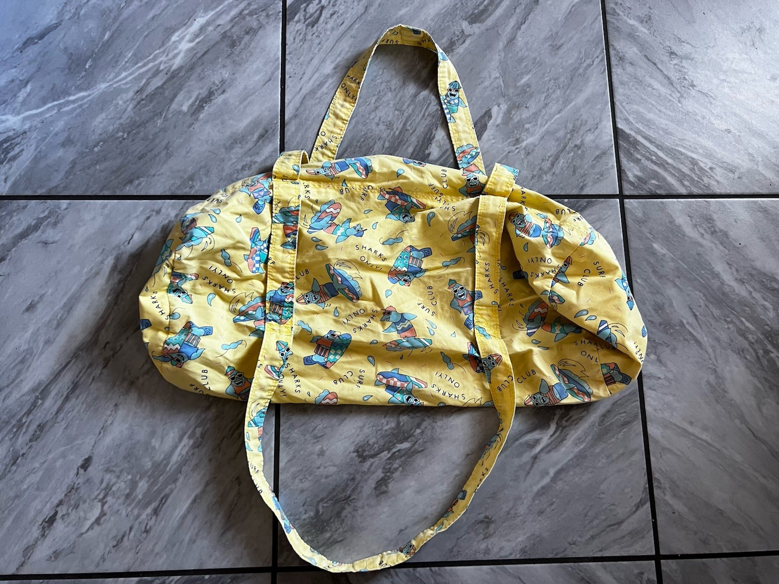 1990s Sharks Only Vintage Duffle Beach Gym Bag Yellow Summer Shark Design