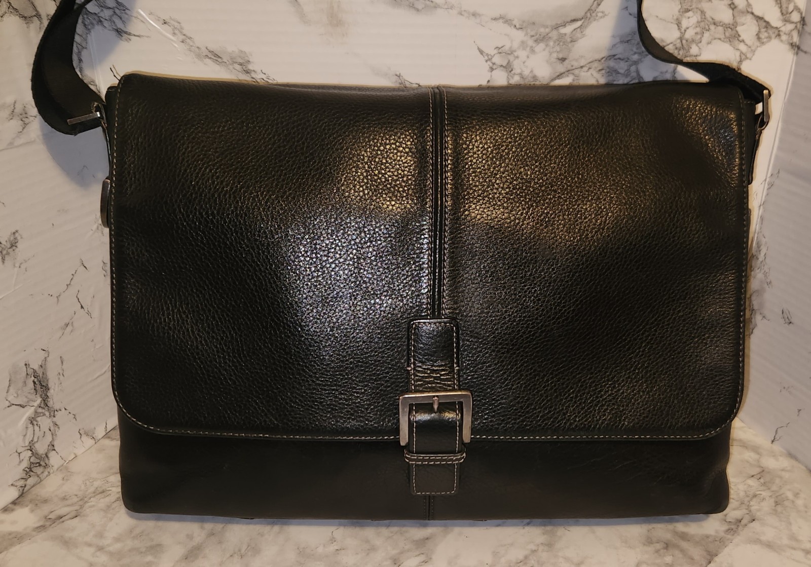 Boconi Tyler Tumbled Single Buckle Leather Messenger in Black w/ Khaki Interior