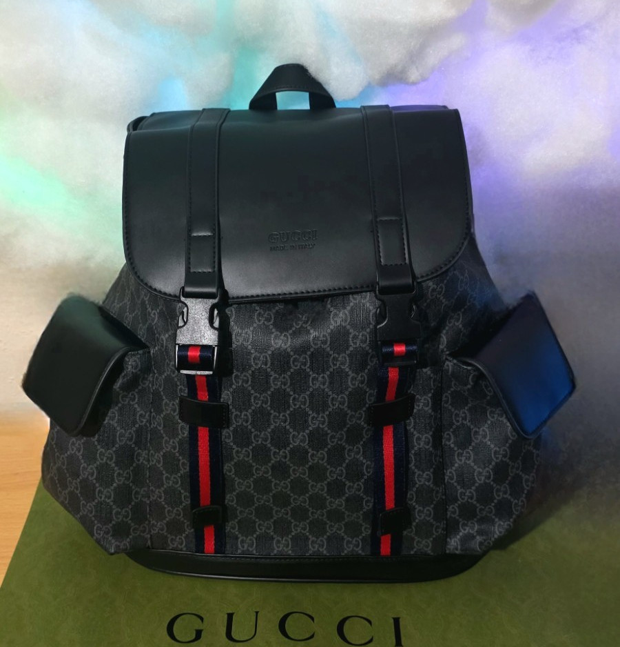 Gucci GG Pattern Flap Backpack Black Web Stripe Buckle Drawstring Pockets