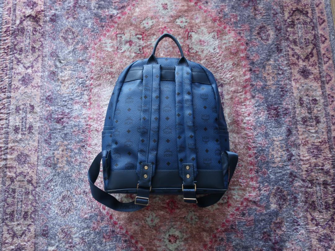 MCM Visetos Studded Backpack Dark Blue Logo Metal Plate 35cm x 40cm x 20cm Rare