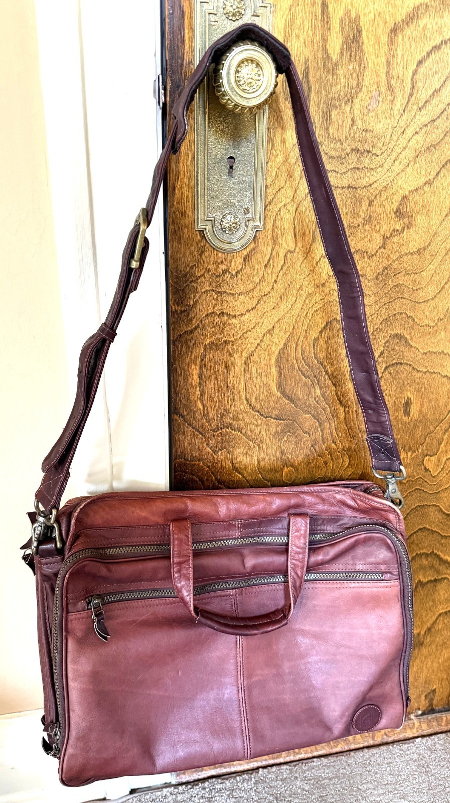 Vintage Leather Briefcase, Maroon Reddish-Brown, Columbia, Many Compartments