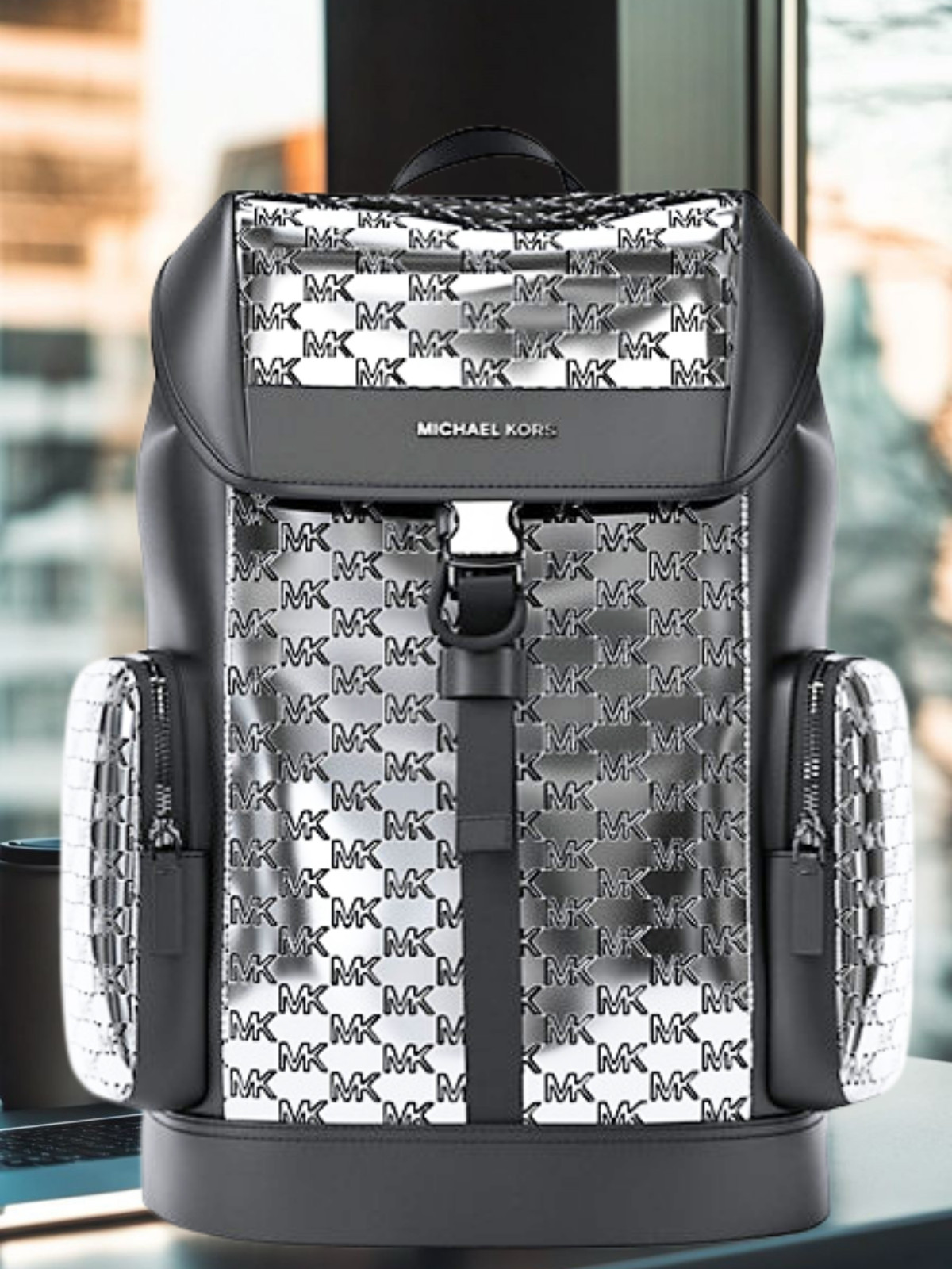 Michael Kors Cooper Medium Silver Metallic Logo Debossed Travel Men Backpack Bag
