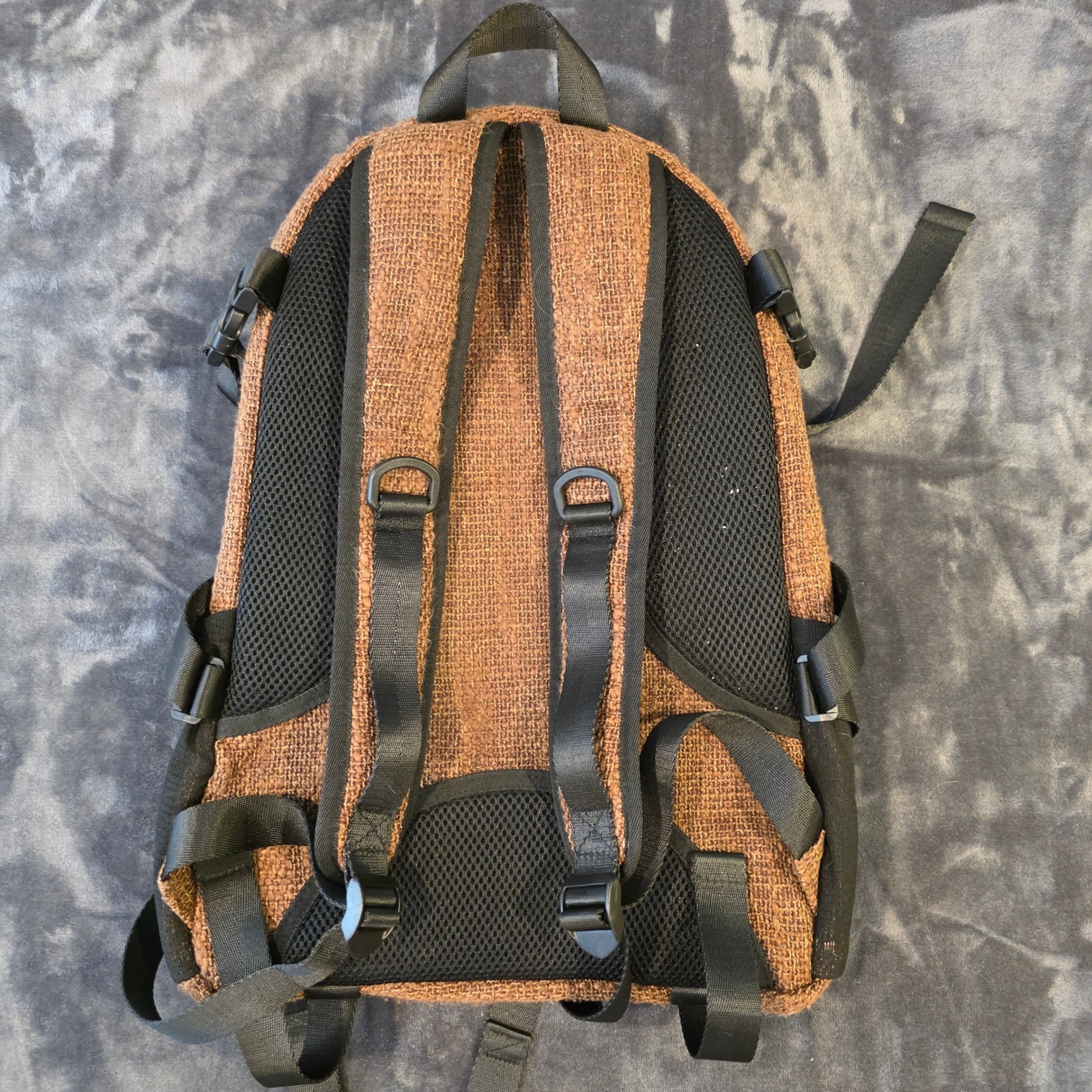 Dime Bags Hemp Backpack Brown Woven Canvas Green Stitching Padded Straps 19×14