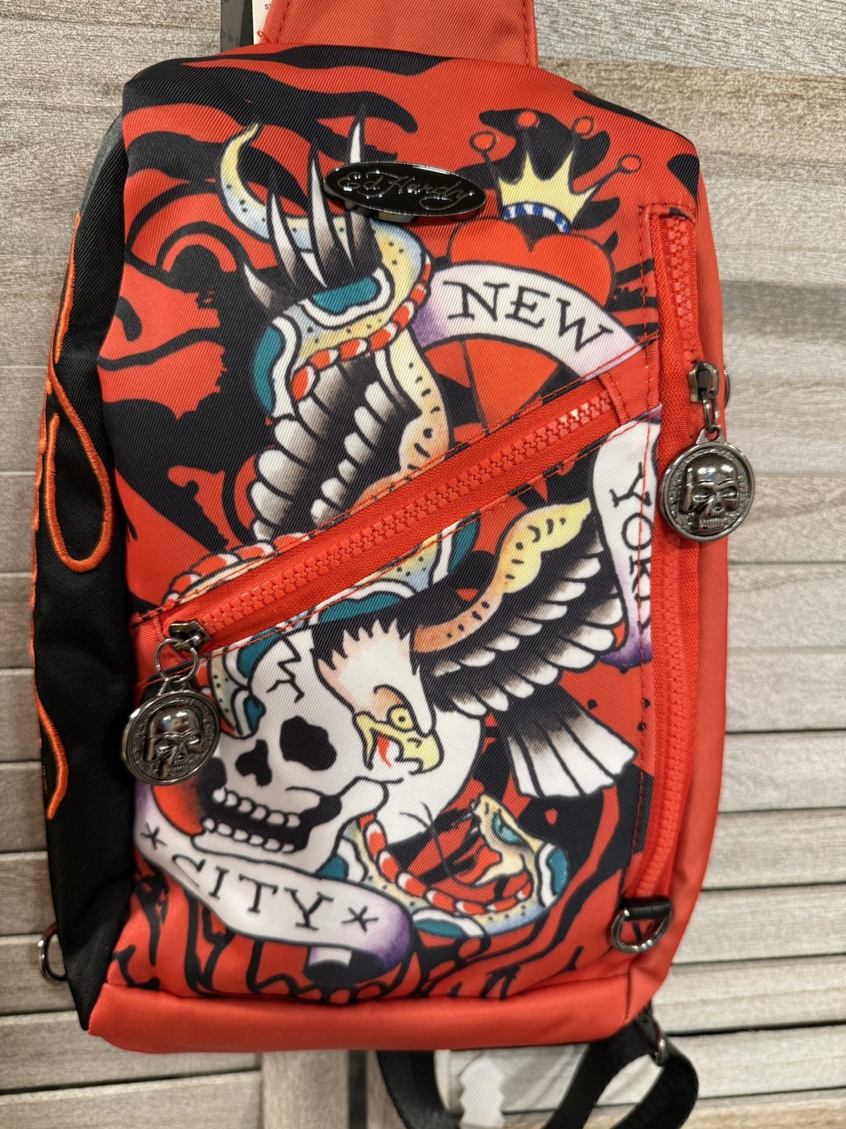 Ed Hardy Red Graphic Print Skull Eagle Crossbody Sling Bag, Medium, Zip, Pockets