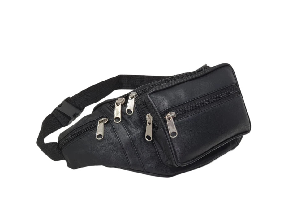 Genuine Leather Fanny Pack Multi Zippered Waist Bag Hip Belt Purse Black Pouch