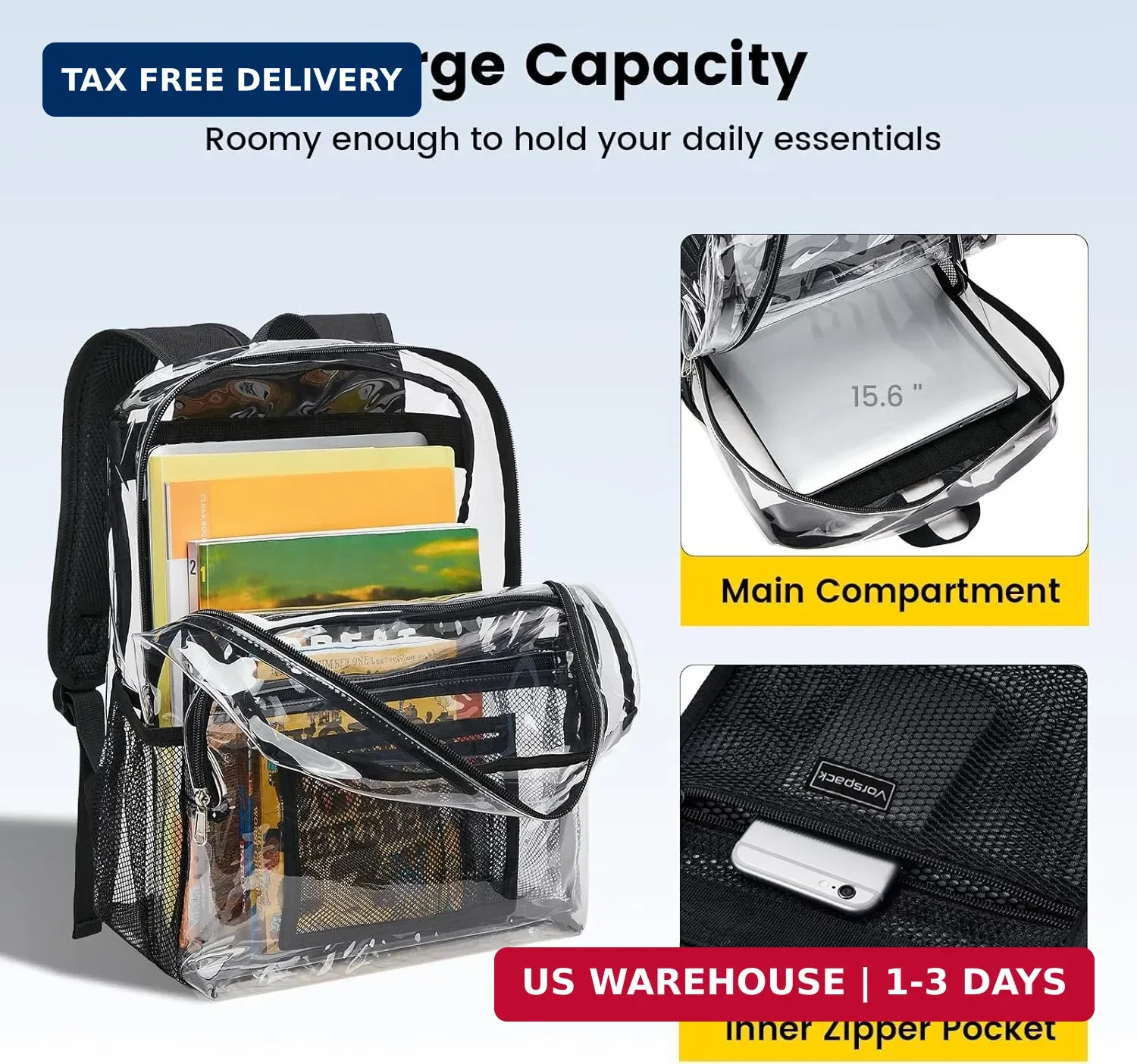 Vorspack Clear Backpack Heavy Duty – Clear Bookbag Large See through Backpack Pl