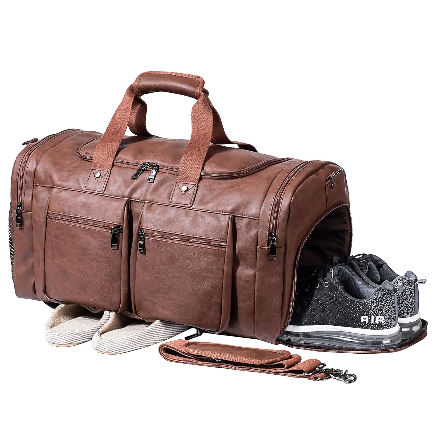 Waterproof Leather Travel Bag with Shoe Pouch, Weekender Overnight Bag