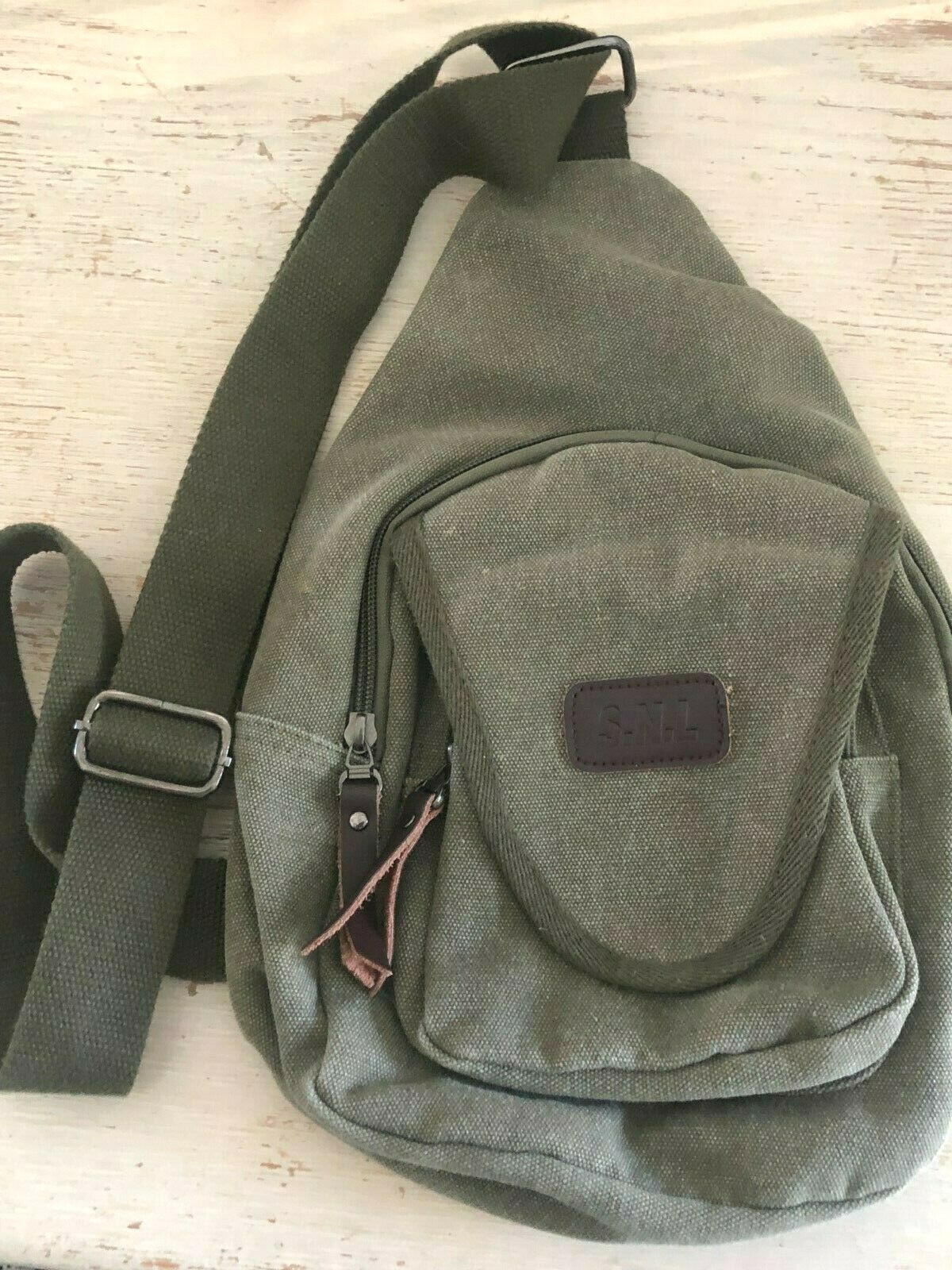 NEW LG Men SNL Leather CANVAS Army Green CROSSBODY SLING BACKPACK BookBag TRAVEL