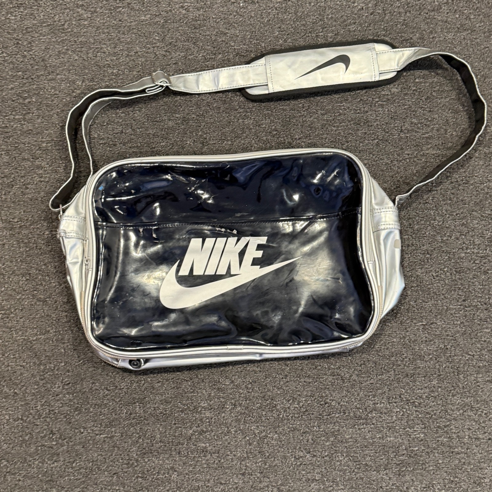 Vintage 90s Nike Patent Leather Vinyl Messenger Shoulder Bag Black w/Gray 90s