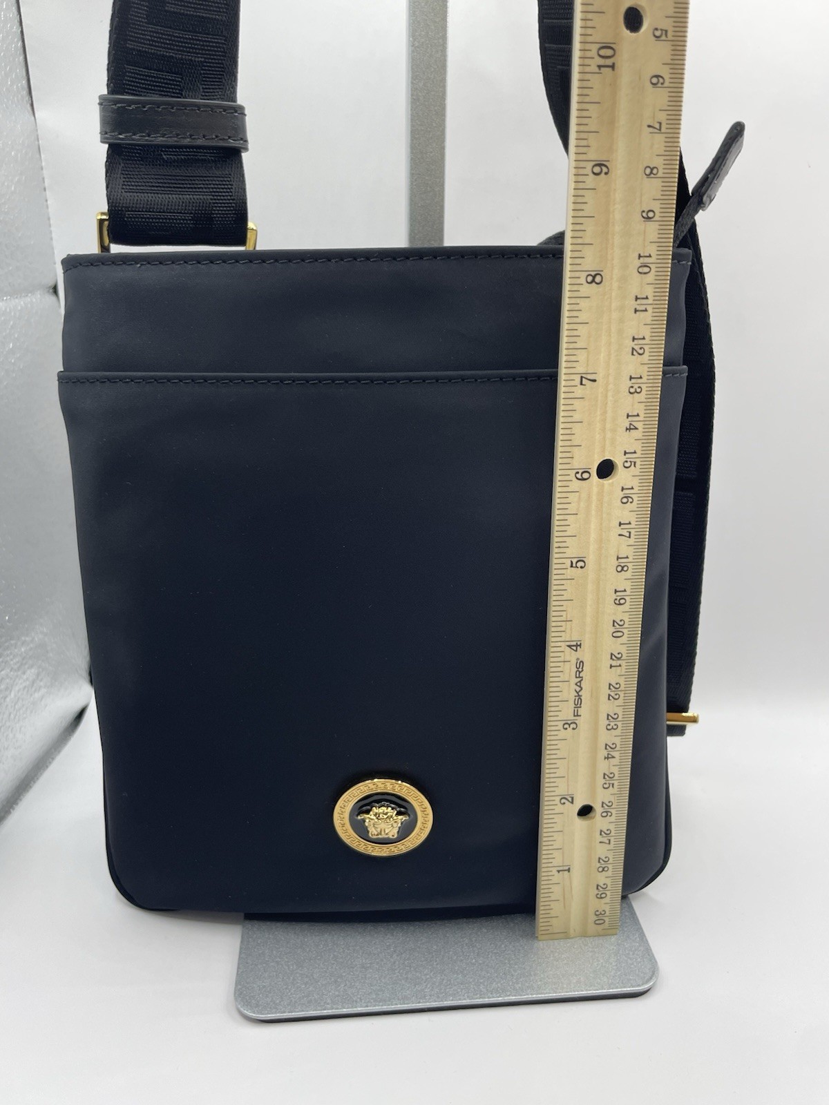 VERSACE Flat Crossbody Bag Fabric Calf Leather Black $800 Retail