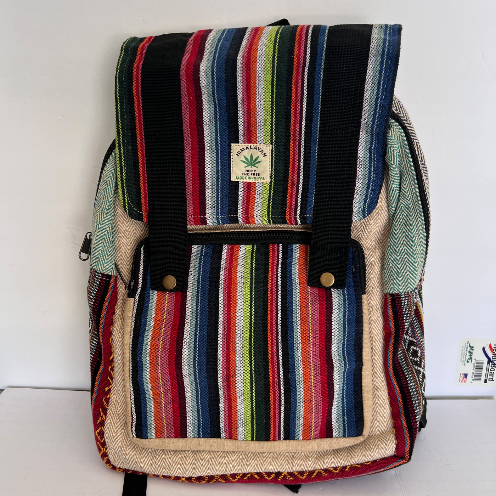 Himalayan Hemp THC Free Backpack Made in Nepal Boho Woven Pattern Hippie Bag