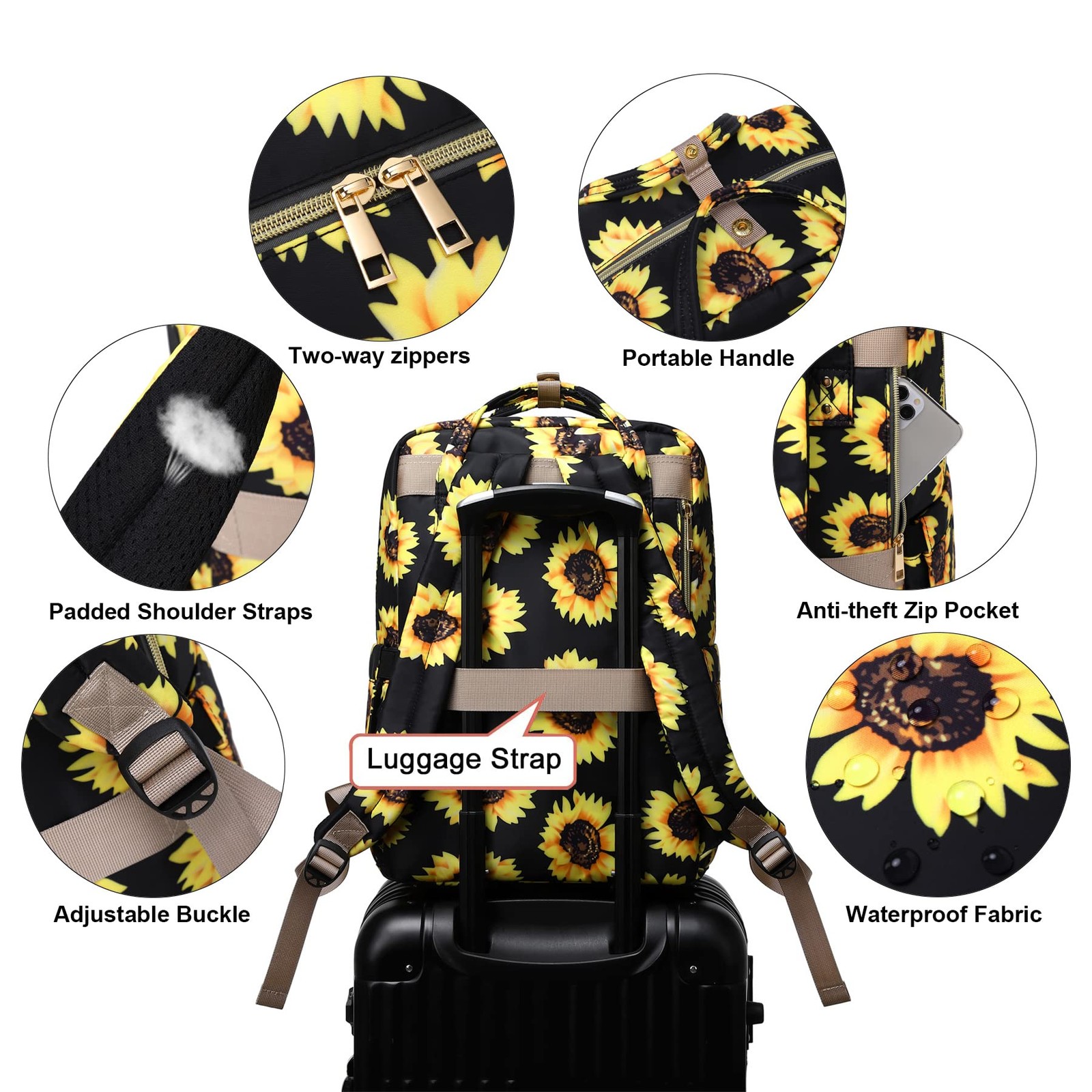 Sunflower Laptop Backpack College Bookbag Women Travel Fits 15.6 Inch