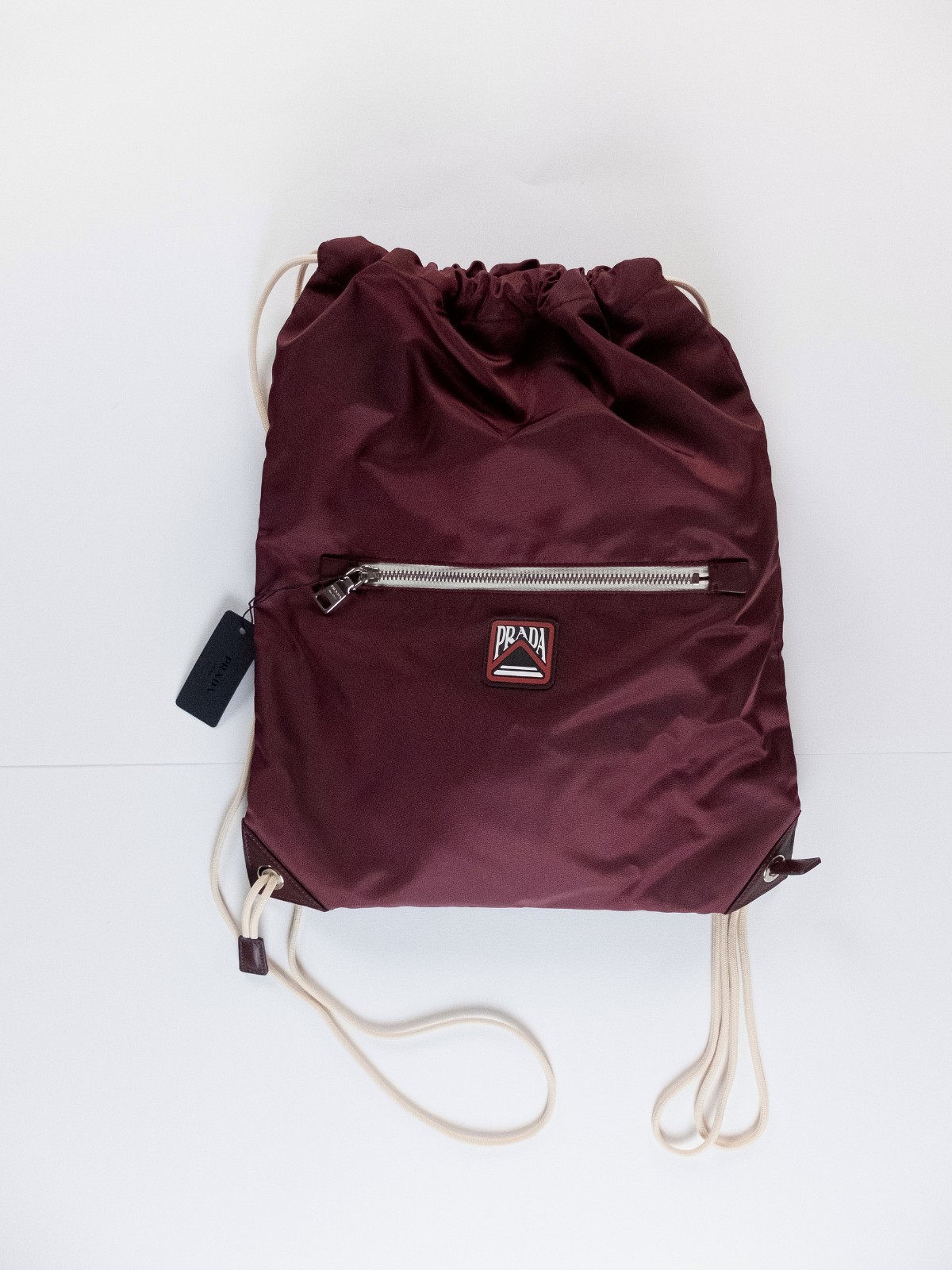 (NO CUSTOMS TAX) PRADA red Tessuto nylon drawstring backpack w leather accents