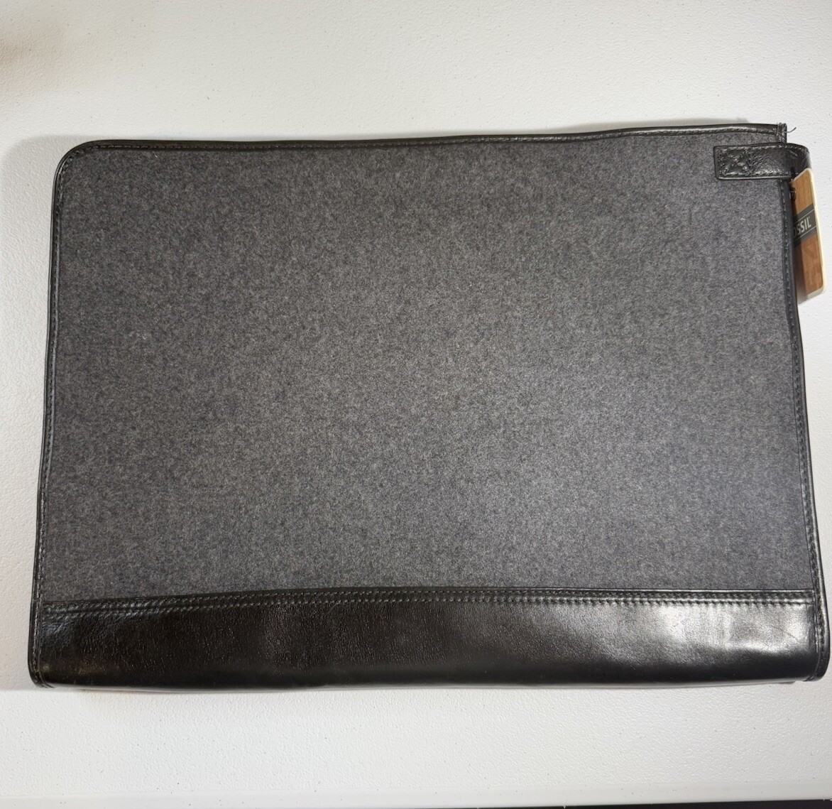 NWT FOSSIL Gray Suede/Black Leather Brief Case Messenger Brief Bag 15”x11.5”