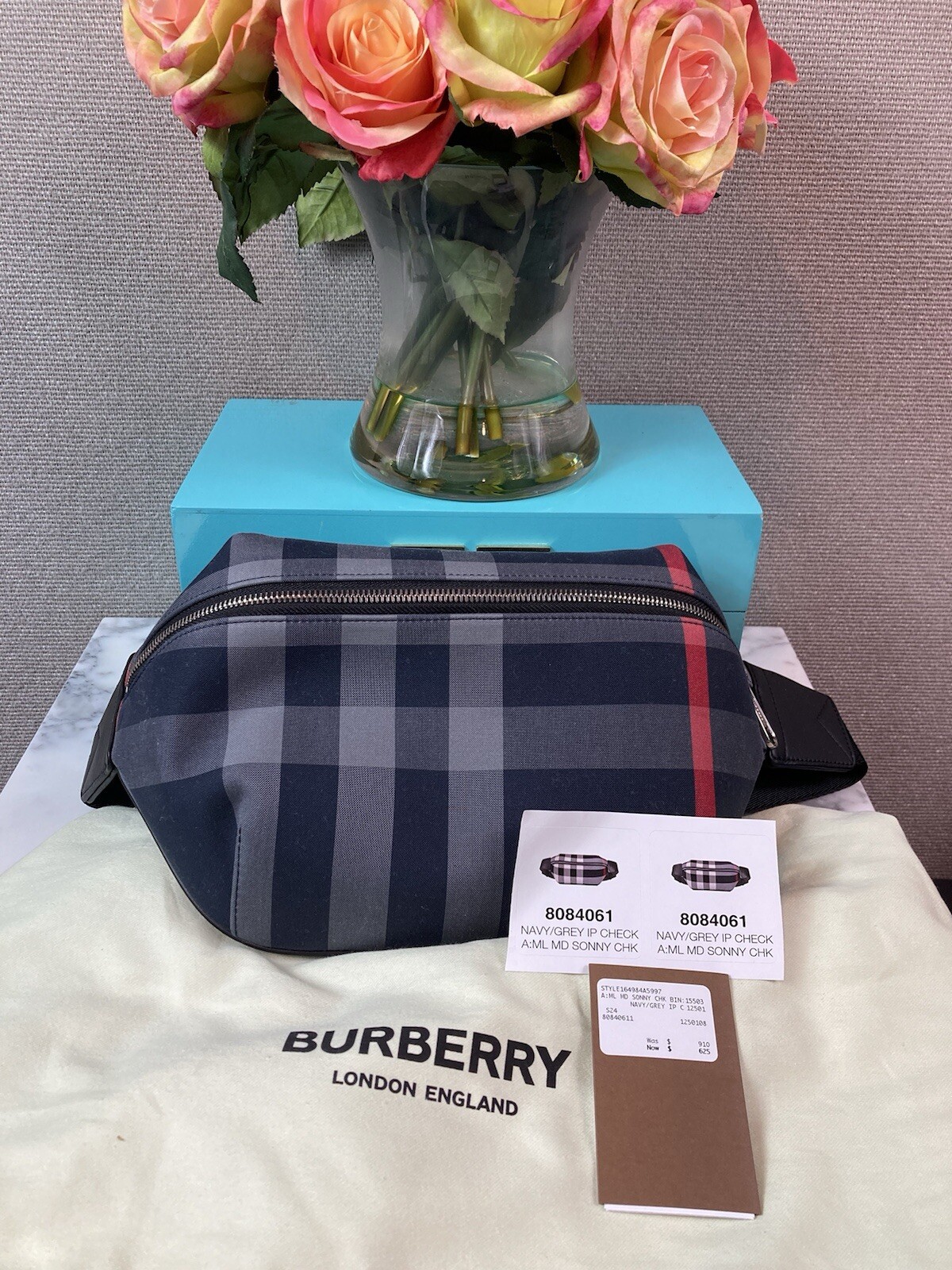 NWT Authentic Burberry Navy Grey IP Check Canvas Sonny Belt Bag – $910 Retail