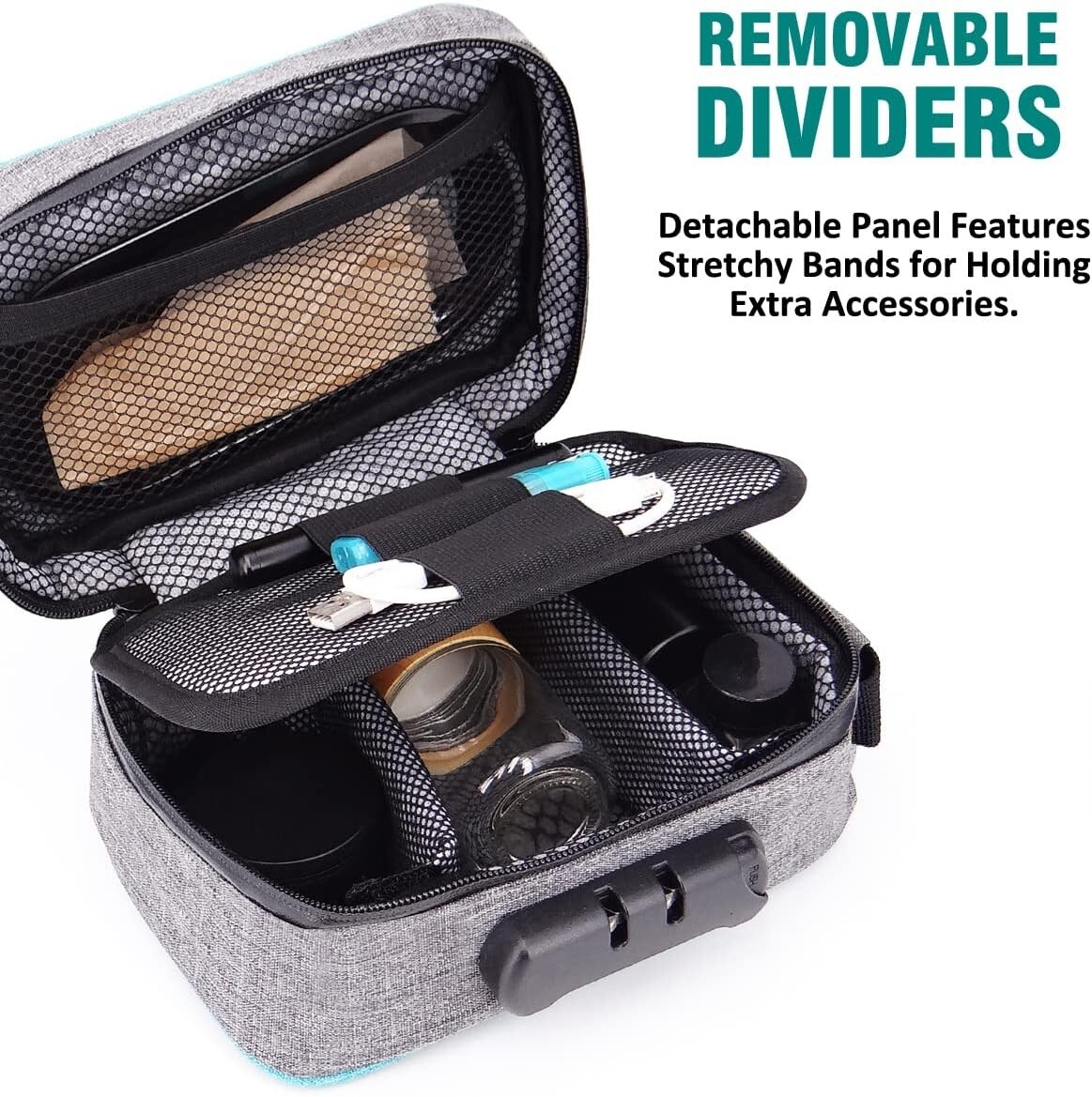 Compact Smell-Proof Organizer with 3 Dividers and Combination Lock for Privacy